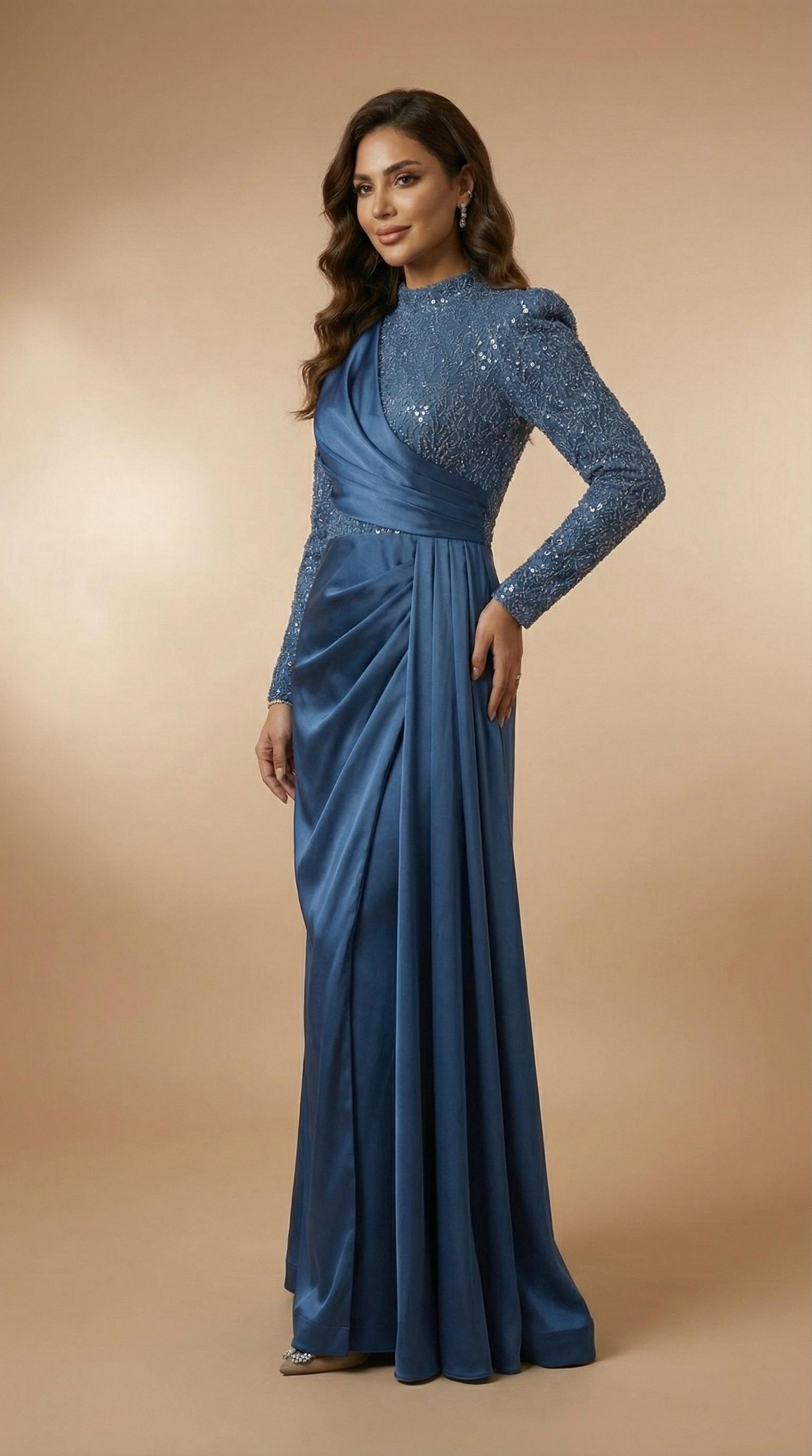 Saten Drape Detaylı Yırtmaçsız Mavi Tesettür Gece Elbisesi