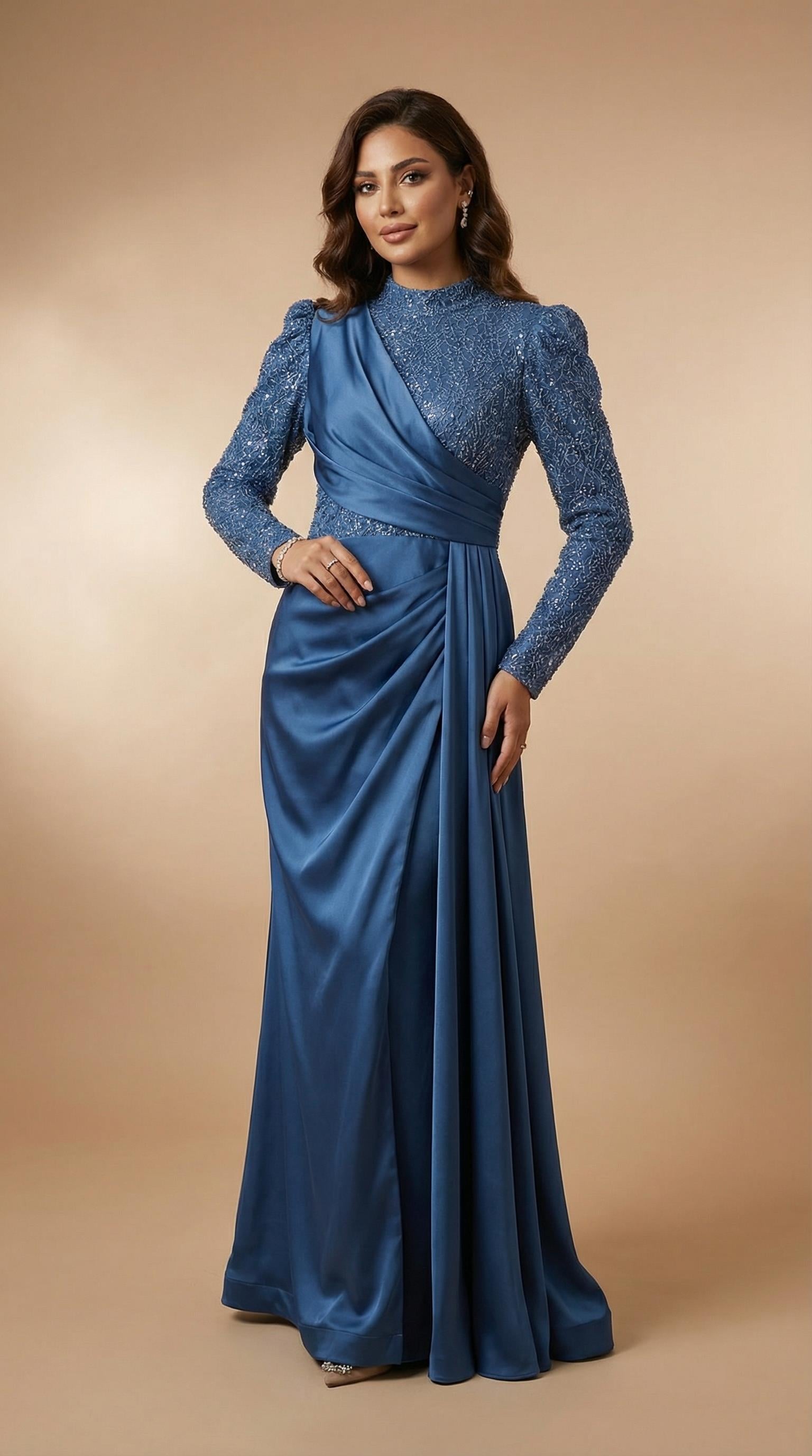 Saten Drape Detaylı Yırtmaçsız Mavi Tesettür Gece Elbisesi