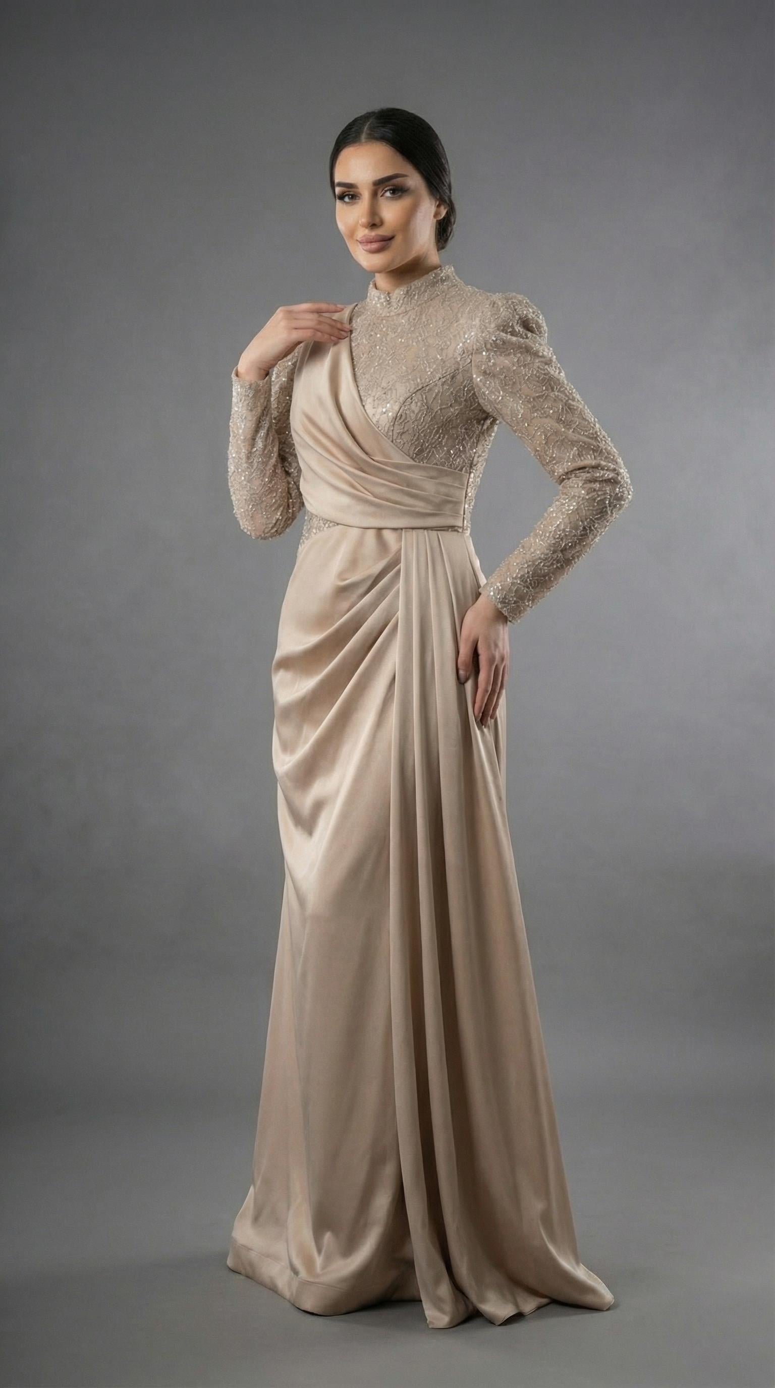 Saten Drape Detaylı Yırtmaçsız Vizon Tesettür Gece Elbisesi