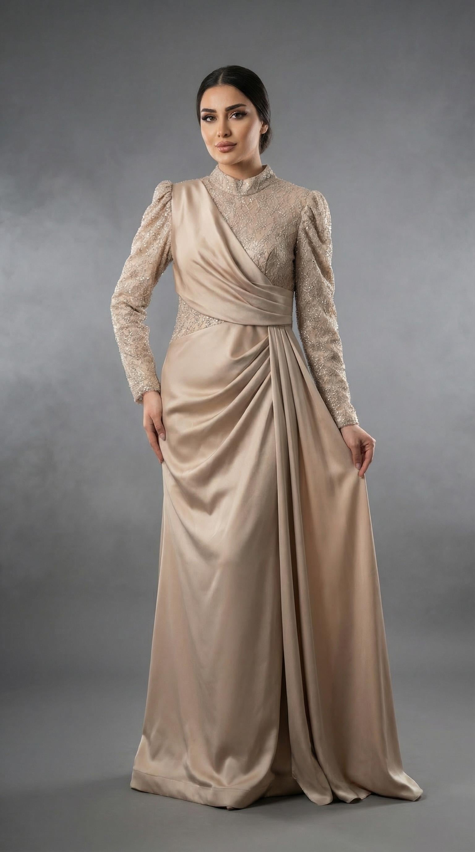 Saten Drape Detaylı Yırtmaçsız Vizon Tesettür Gece Elbisesi