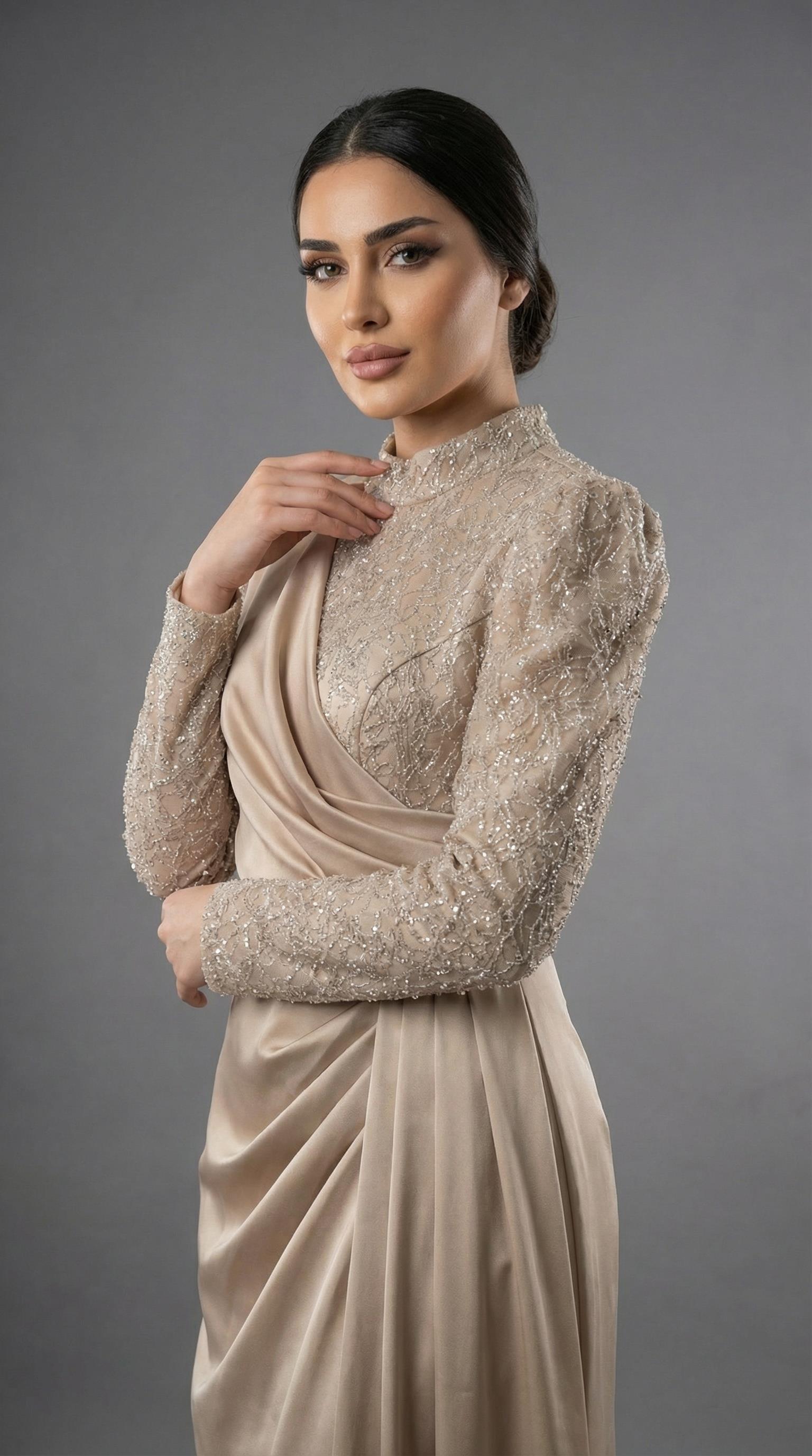 Saten Drape Detaylı Yırtmaçsız Vizon Tesettür Gece Elbisesi