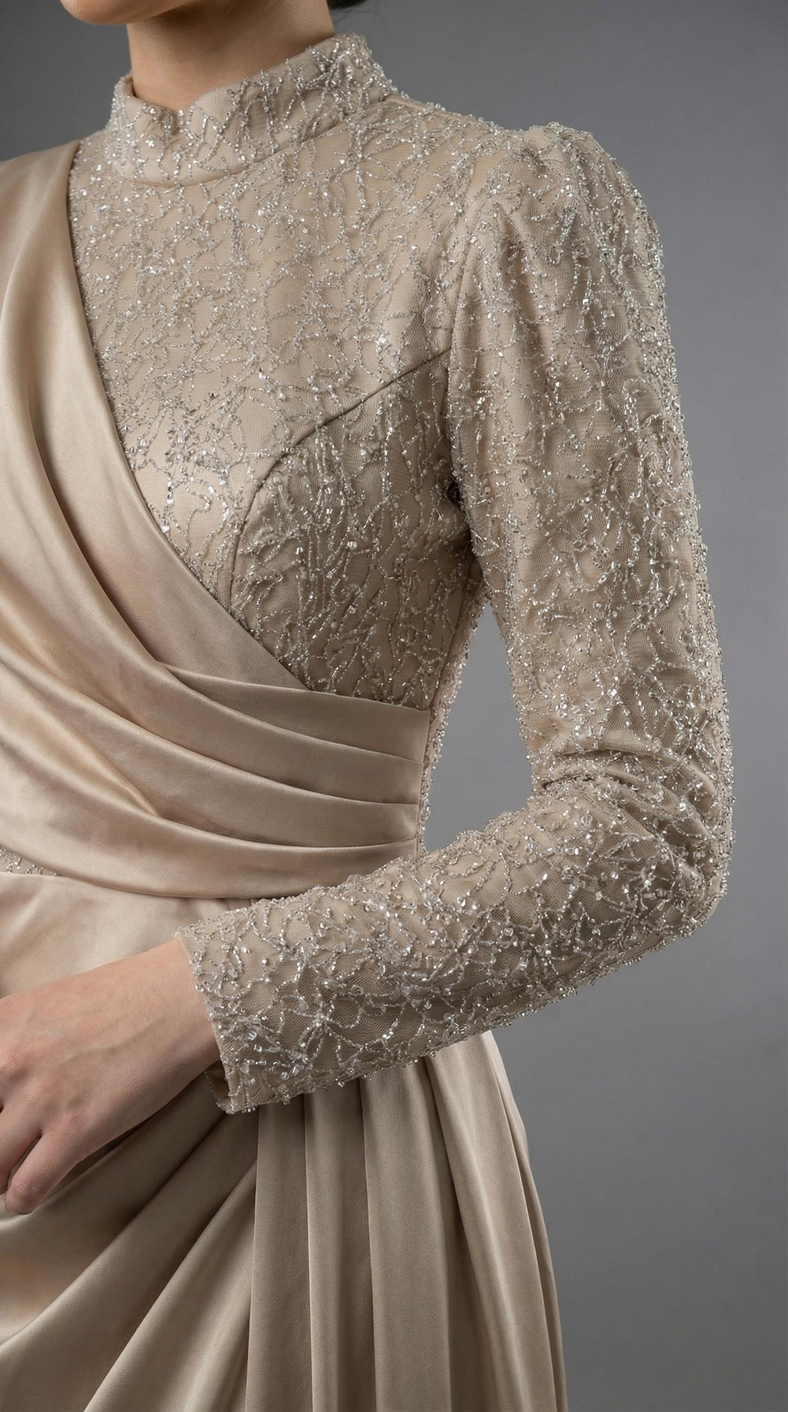 Saten Drape Detaylı Yırtmaçsız Vizon Tesettür Gece Elbisesi