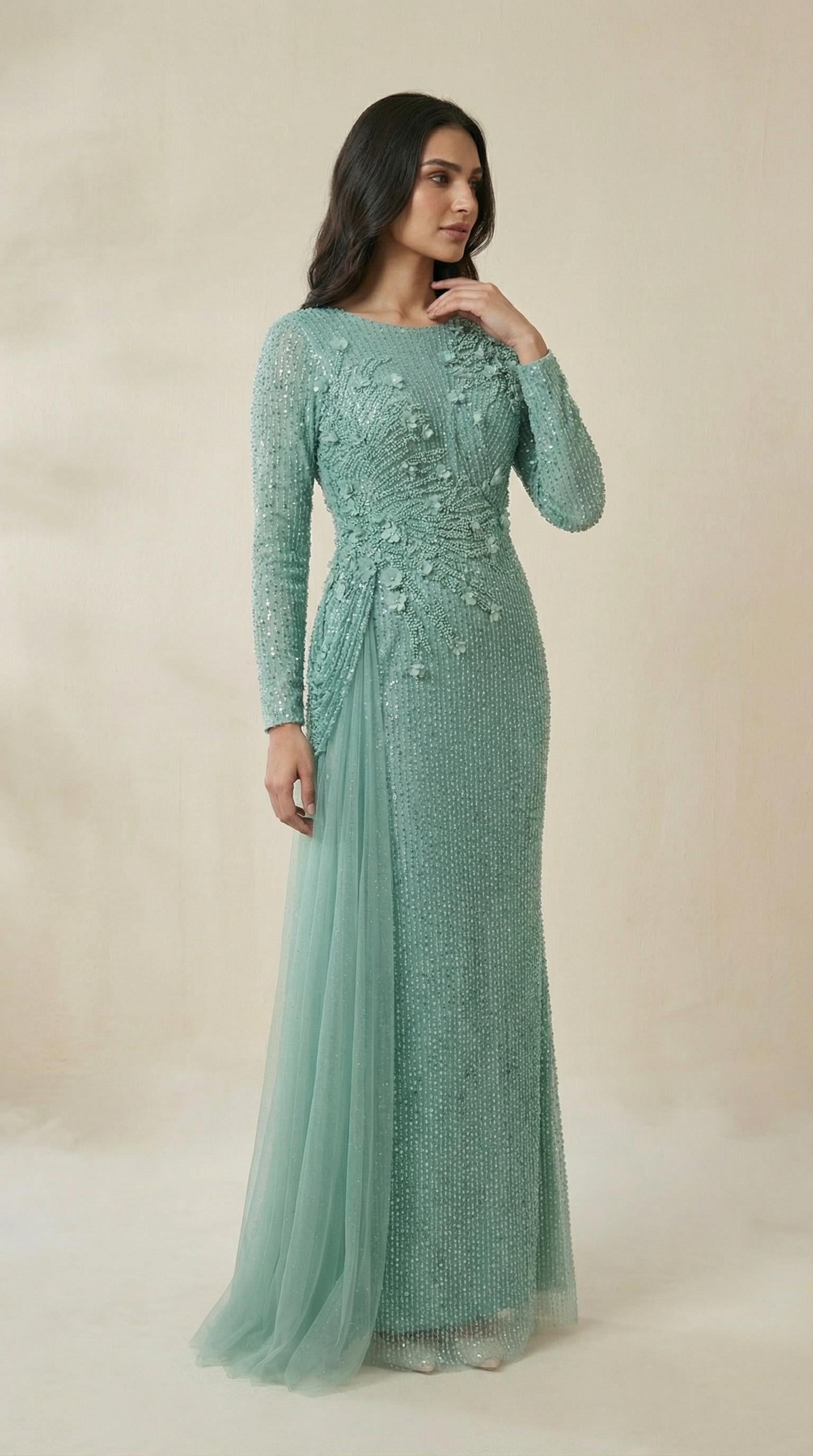 Tül Detaylı Payet İşlemeli Mint Abiye Elbise