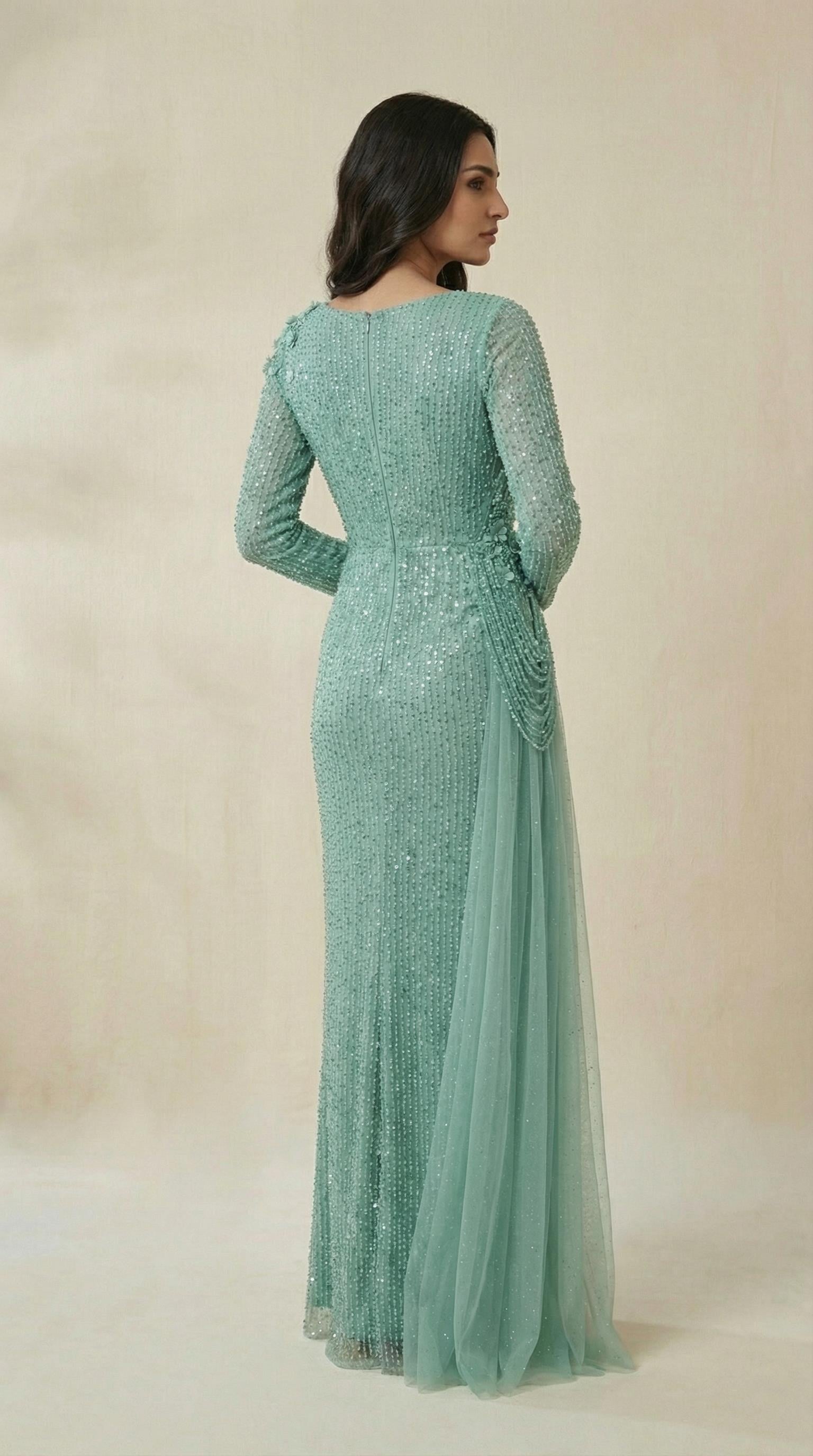 Tül Detaylı Payet İşlemeli Mint Abiye Elbise