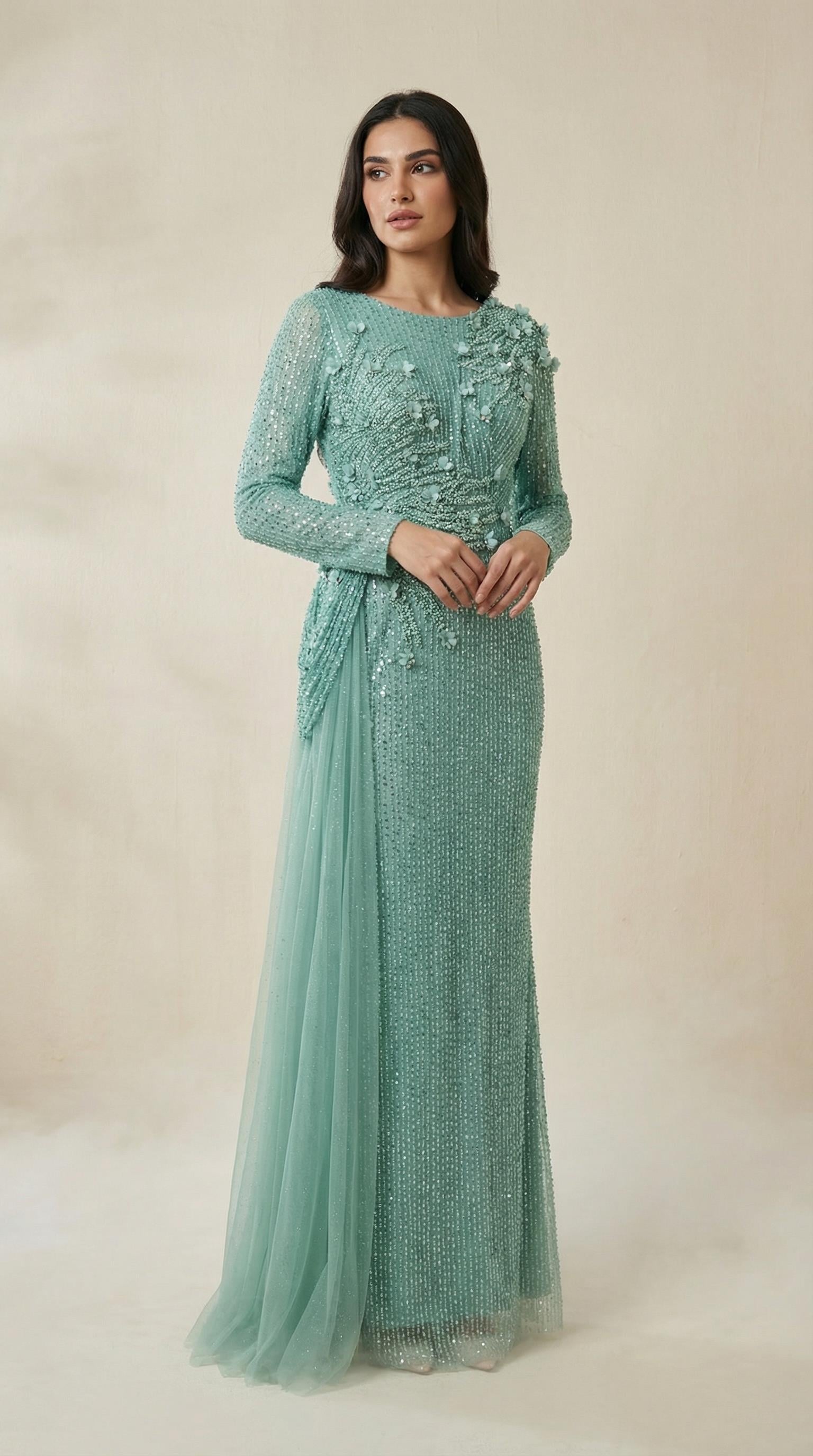 Tül Detaylı Payet İşlemeli Mint Abiye Elbise