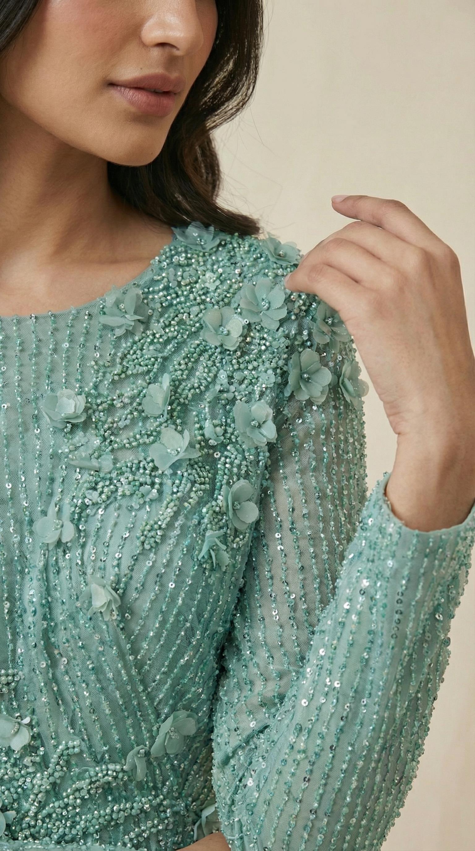 Tül Detaylı Payet İşlemeli Mint Abiye Elbise