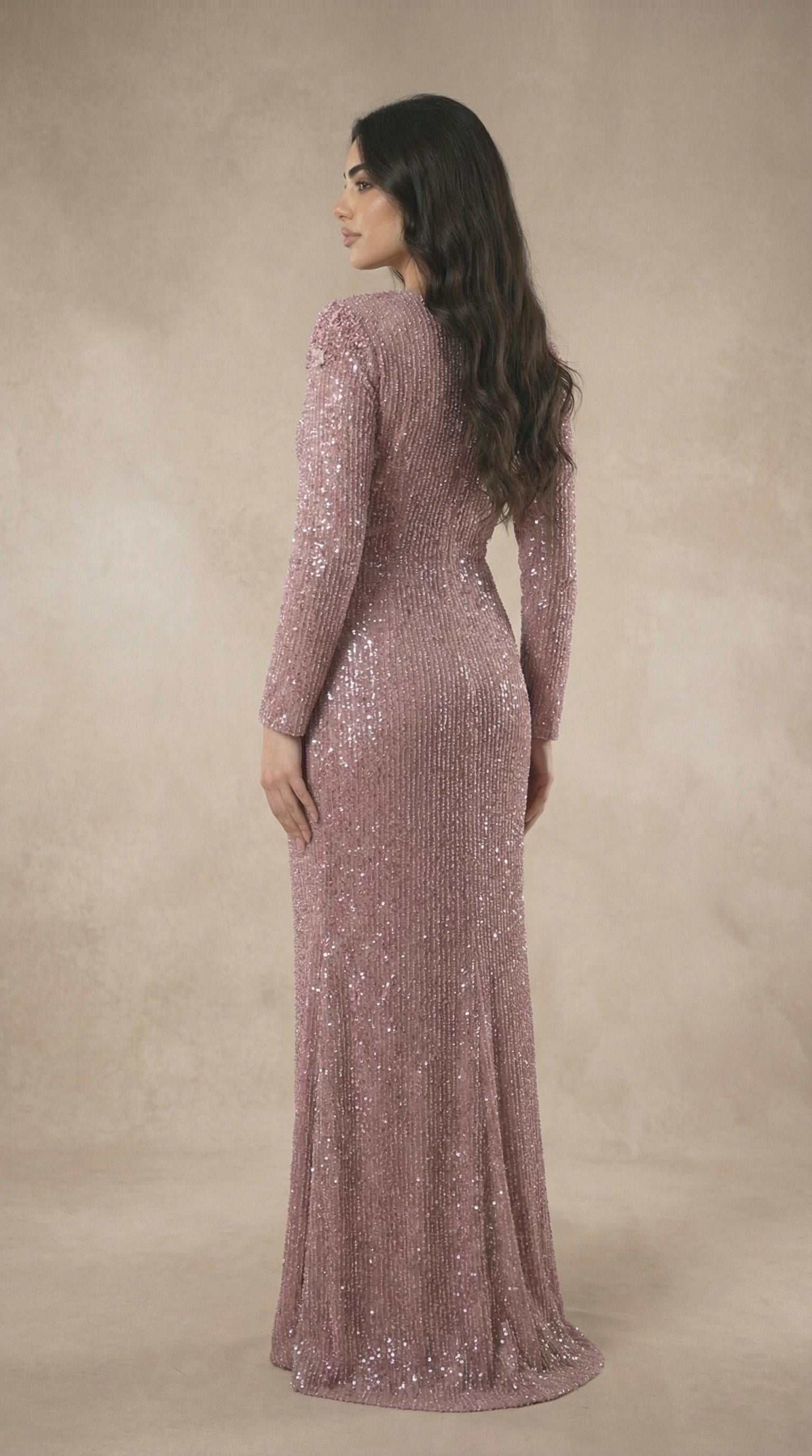 Tül Detaylı Payet İşlemeli Mor Abiye Elbise