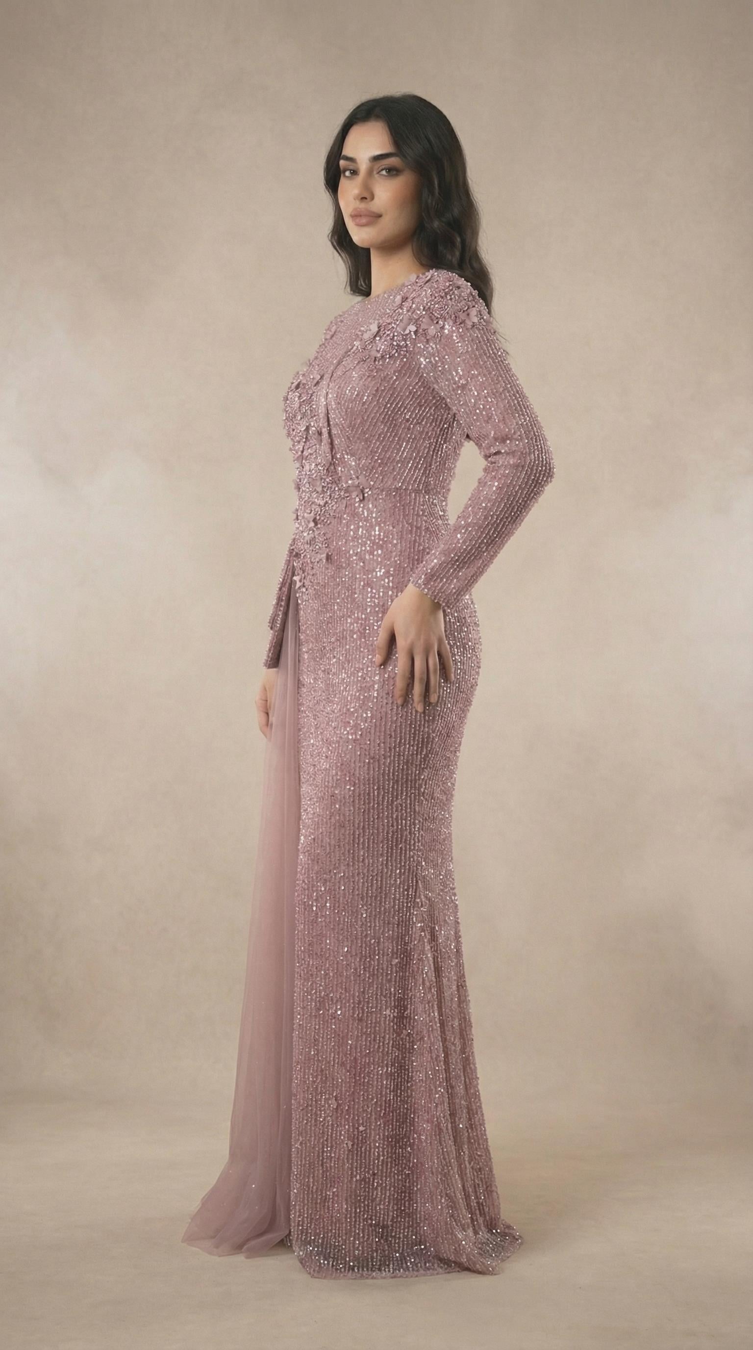 Tül Detaylı Payet İşlemeli Mor Abiye Elbise