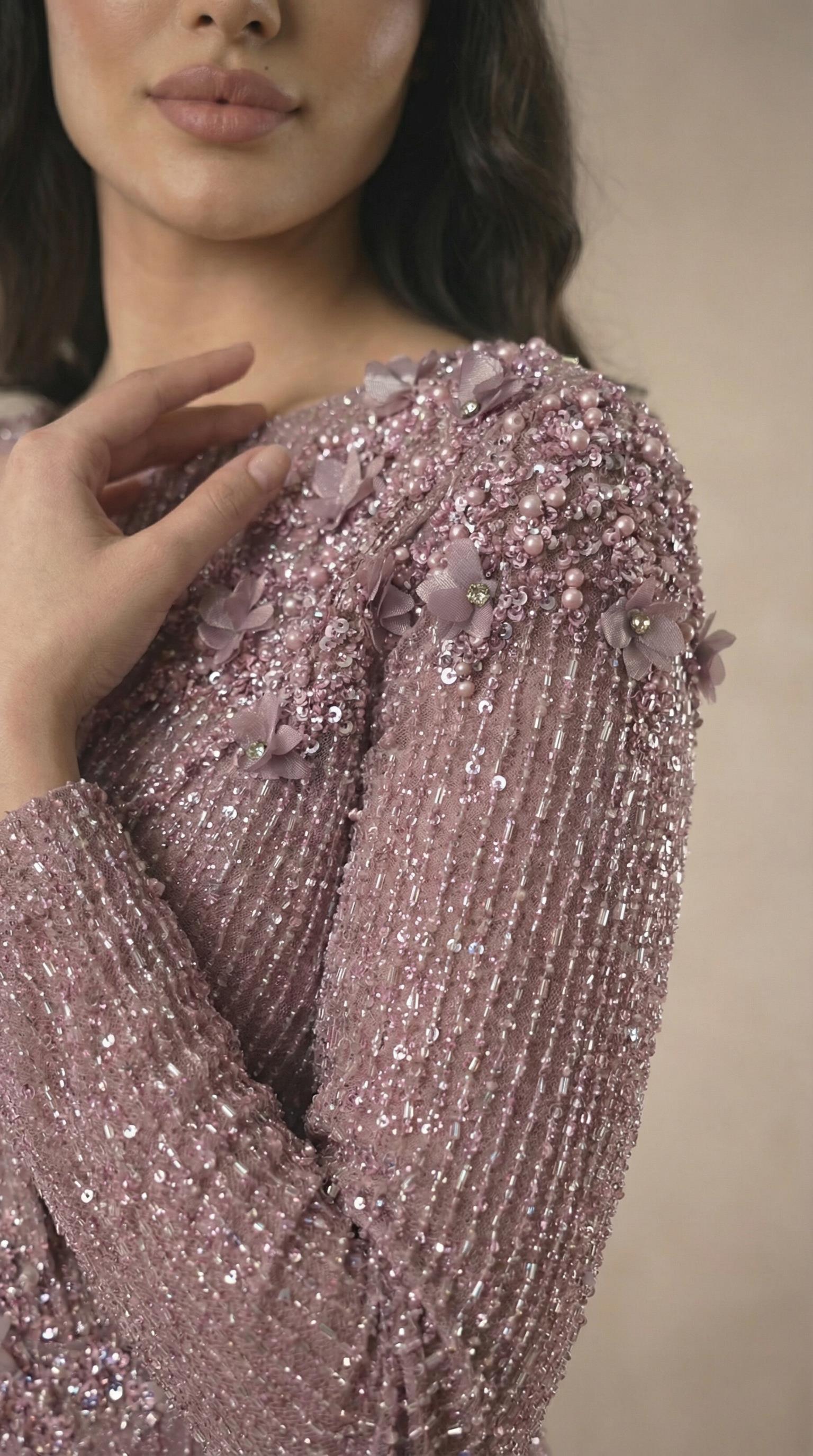 Tül Detaylı Payet İşlemeli Mor Abiye Elbise