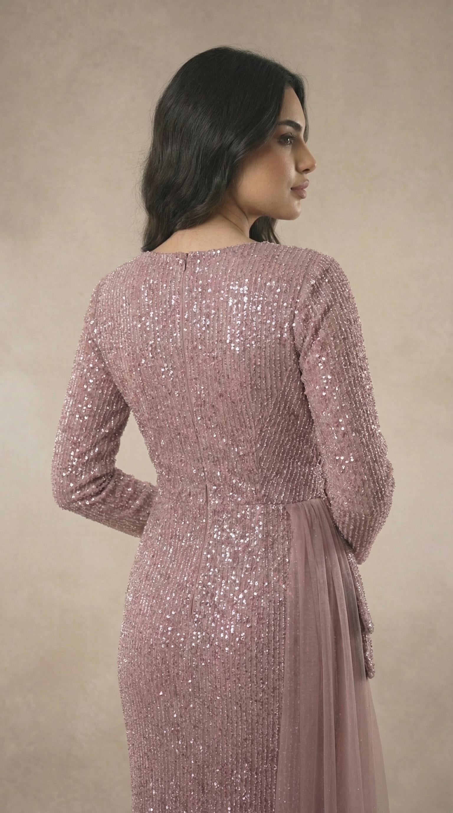 Tül Detaylı Payet İşlemeli Mor Abiye Elbise