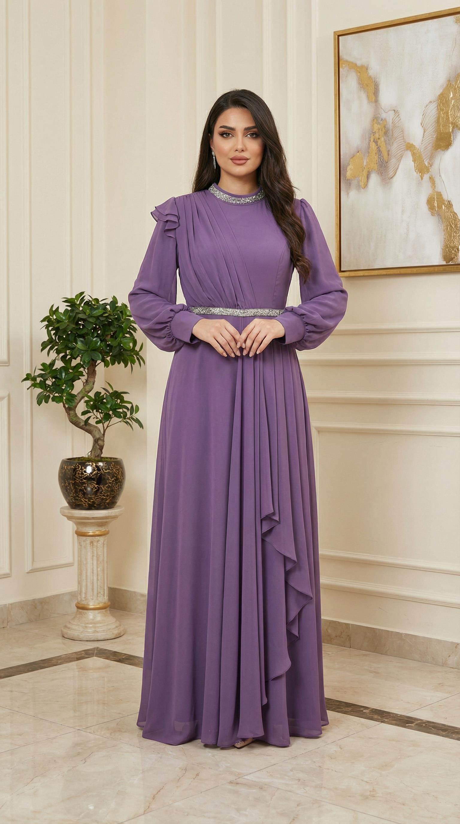 Zarif Taş Detaylı Tam Boy Mor Tesettür Elbise