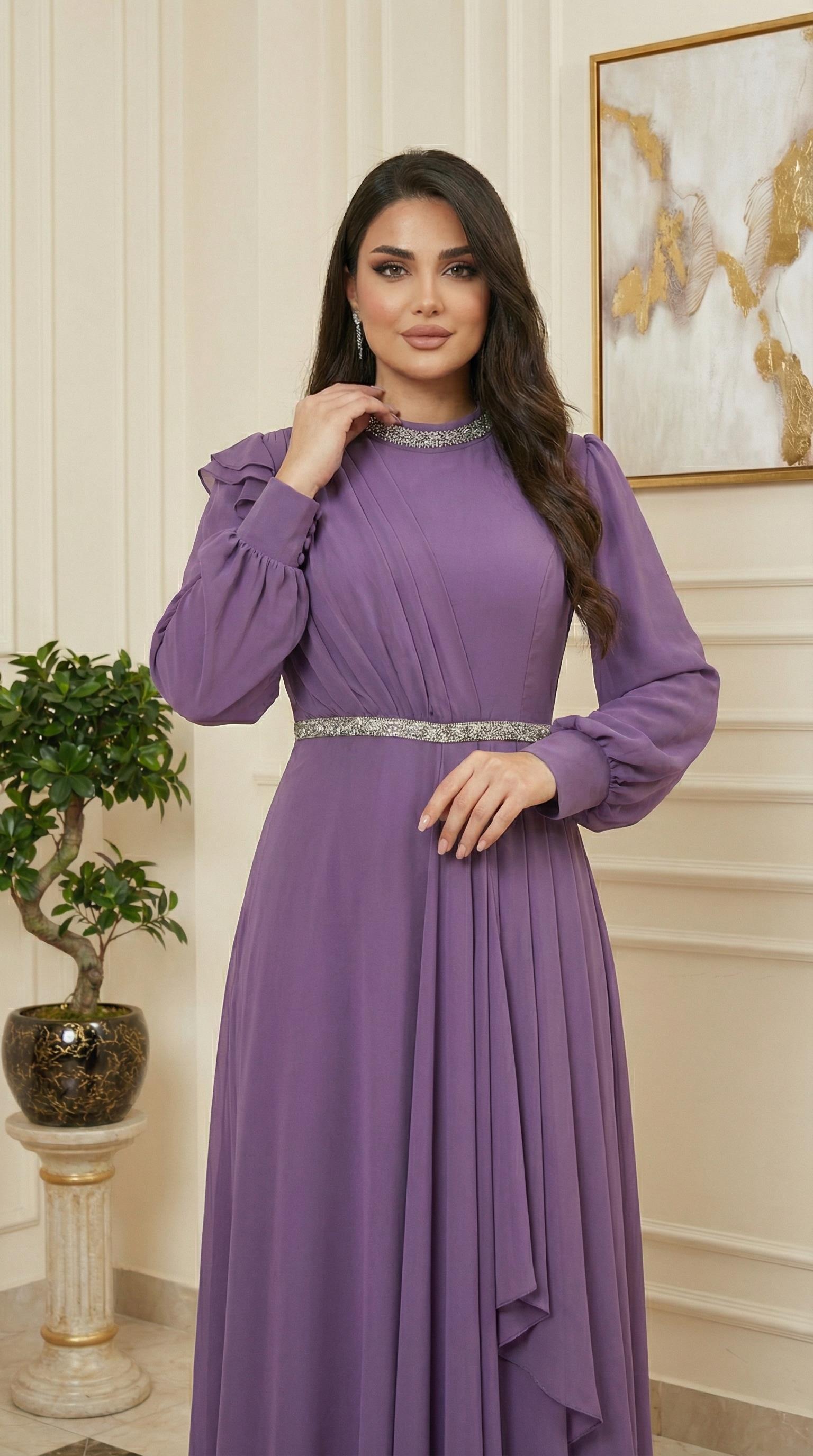 Zarif Taş Detaylı Tam Boy Mor Tesettür Elbise