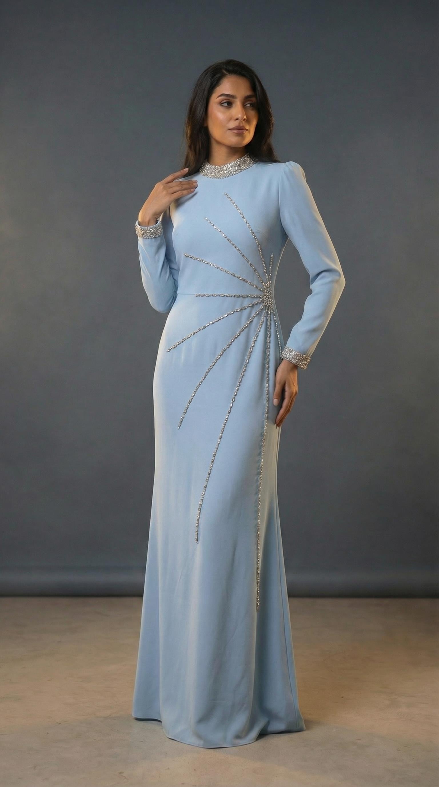 Zarif Taş İşleme Detaylı Tesettür Mavi Uzun Elbise