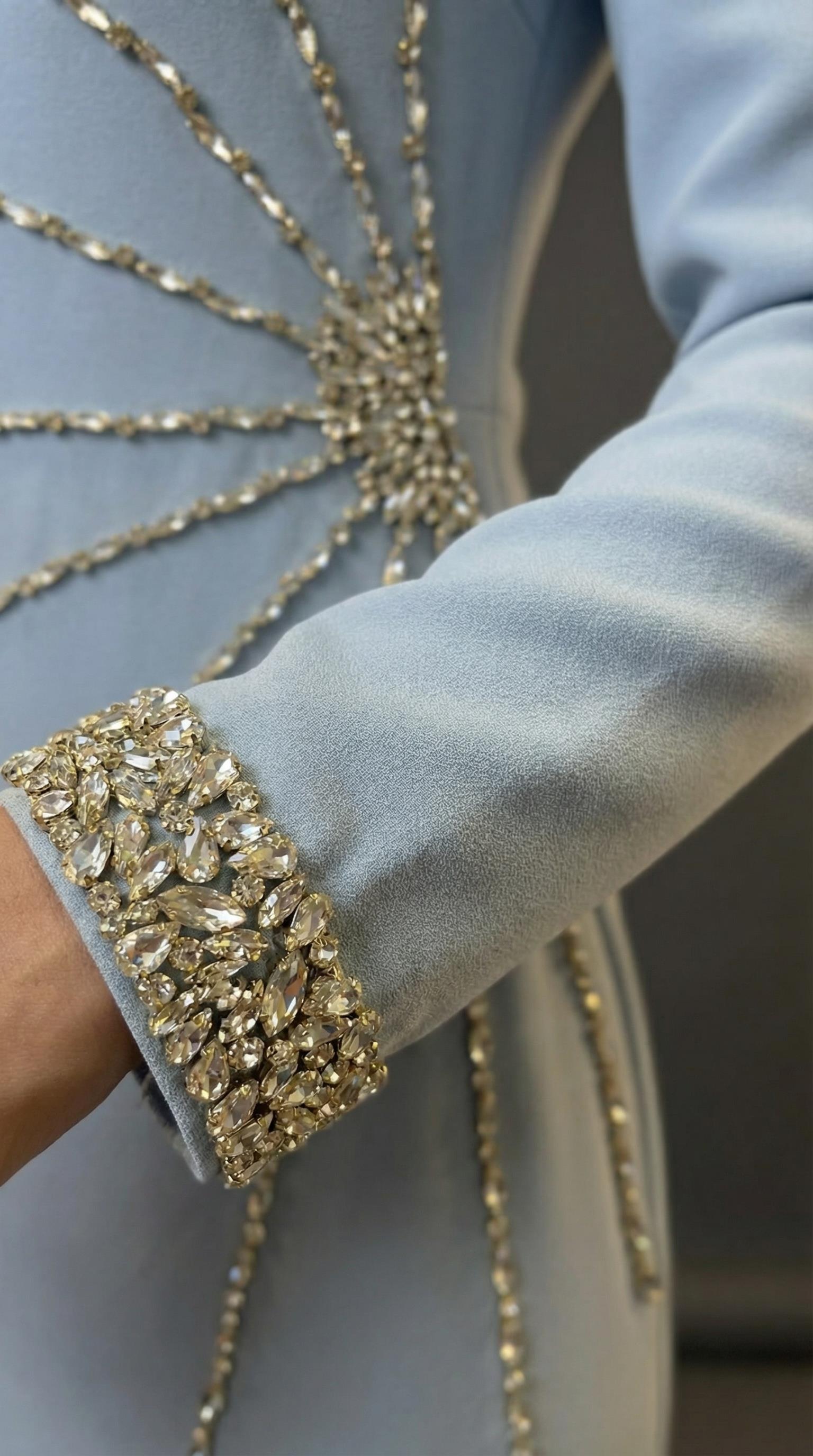 Zarif Taş İşleme Detaylı Tesettür Mavi Uzun Elbise