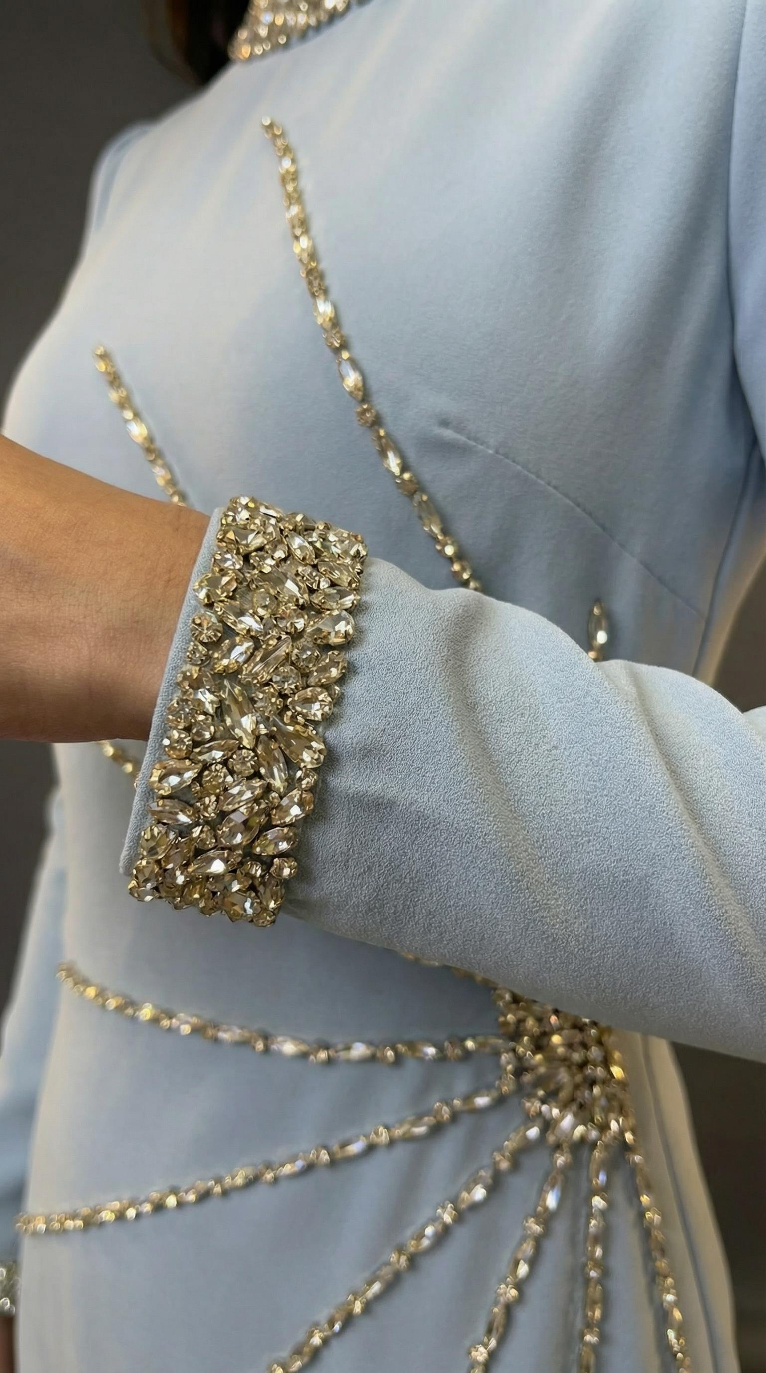 Zarif Taş İşleme Detaylı Tesettür Mavi Uzun Elbise