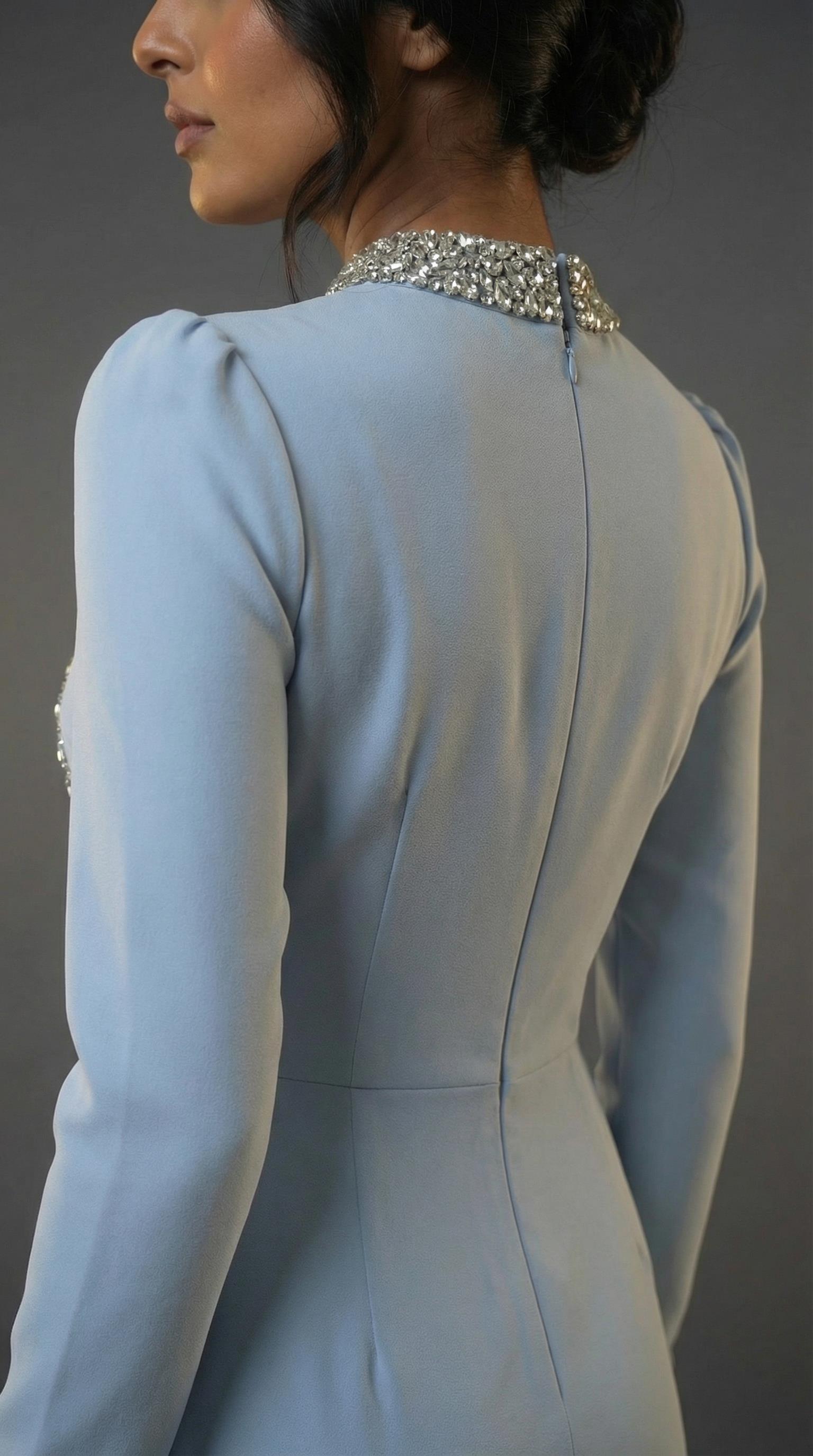 Zarif Taş İşleme Detaylı Tesettür Mavi Uzun Elbise