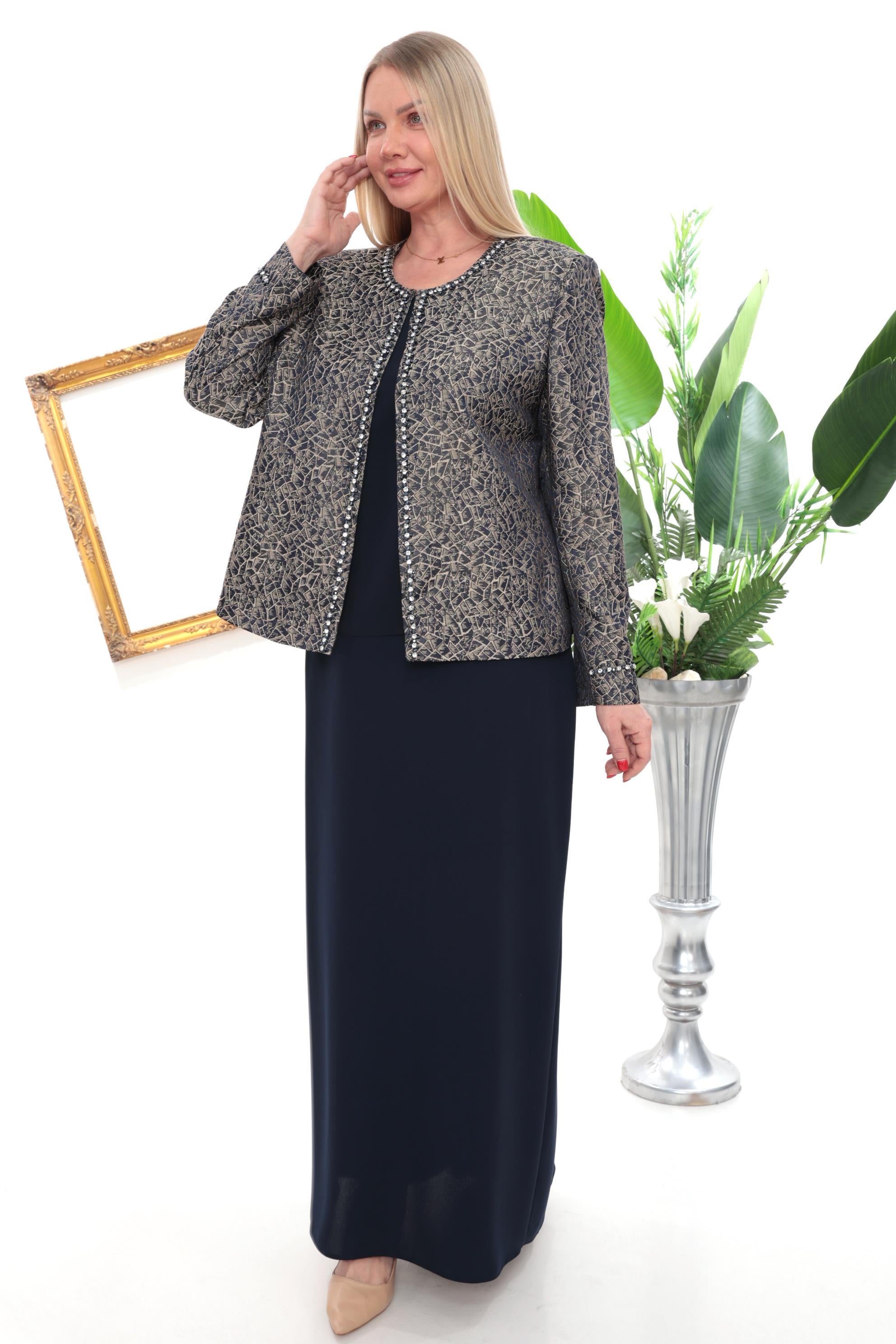 Ceketi Taşlı Jakarlı Asarlı Lacivert Ceket Elbise Takım