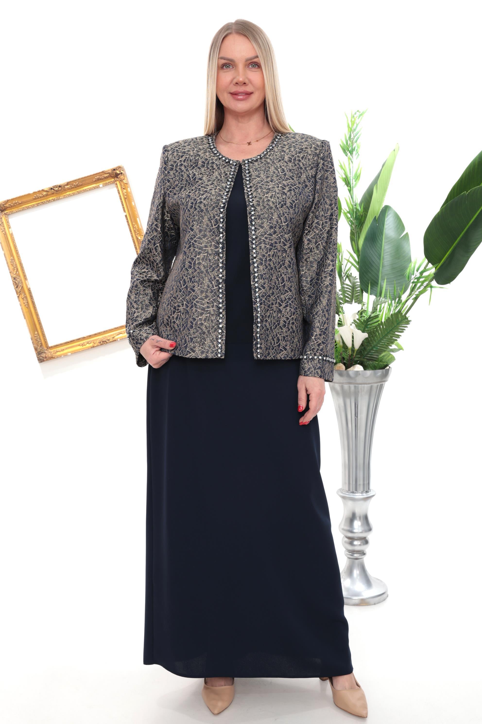 Ceketi Taşlı Jakarlı Asarlı Lacivert Ceket Elbise Takım