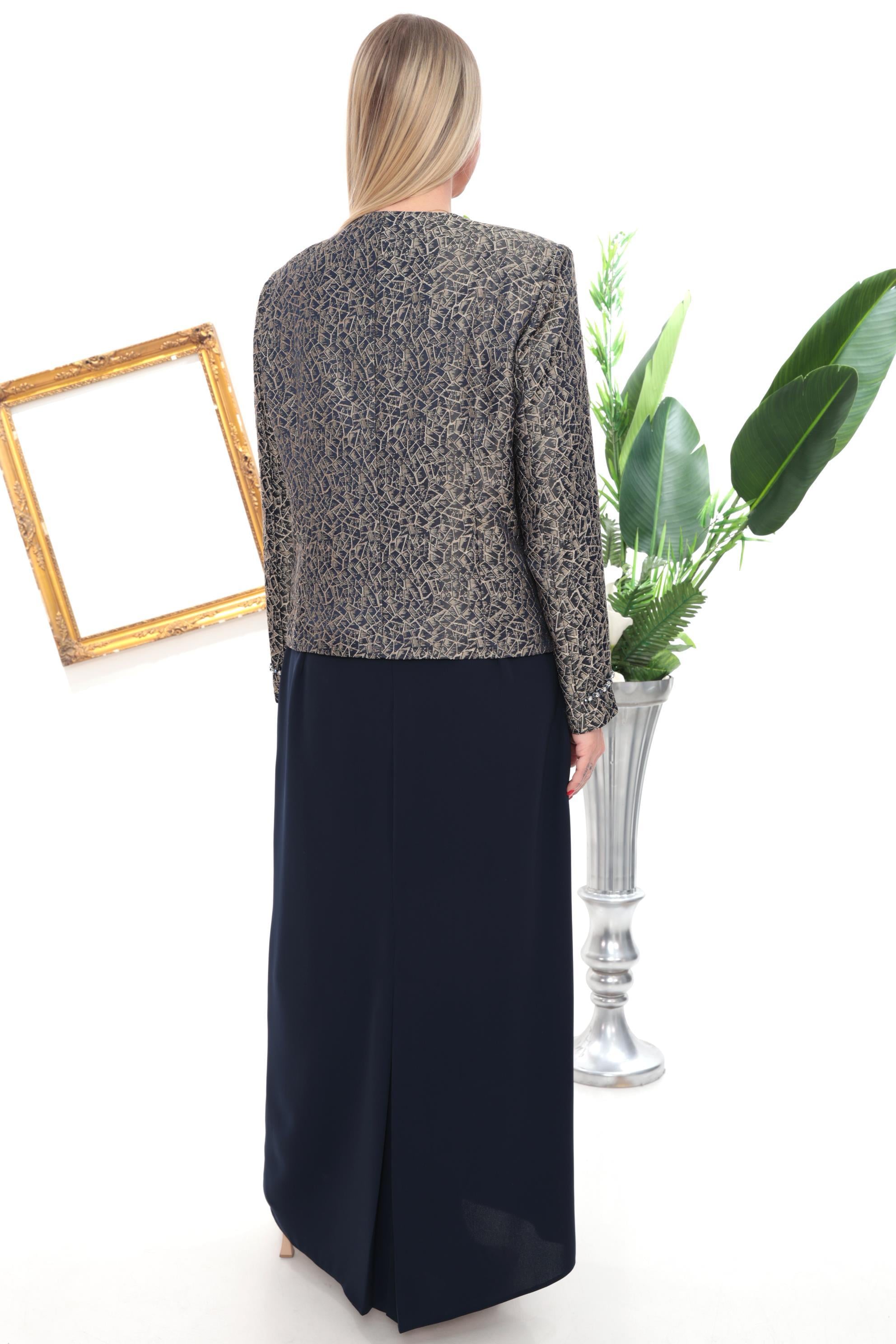 Ceketi Taşlı Jakarlı Asarlı Lacivert Ceket Elbise Takım