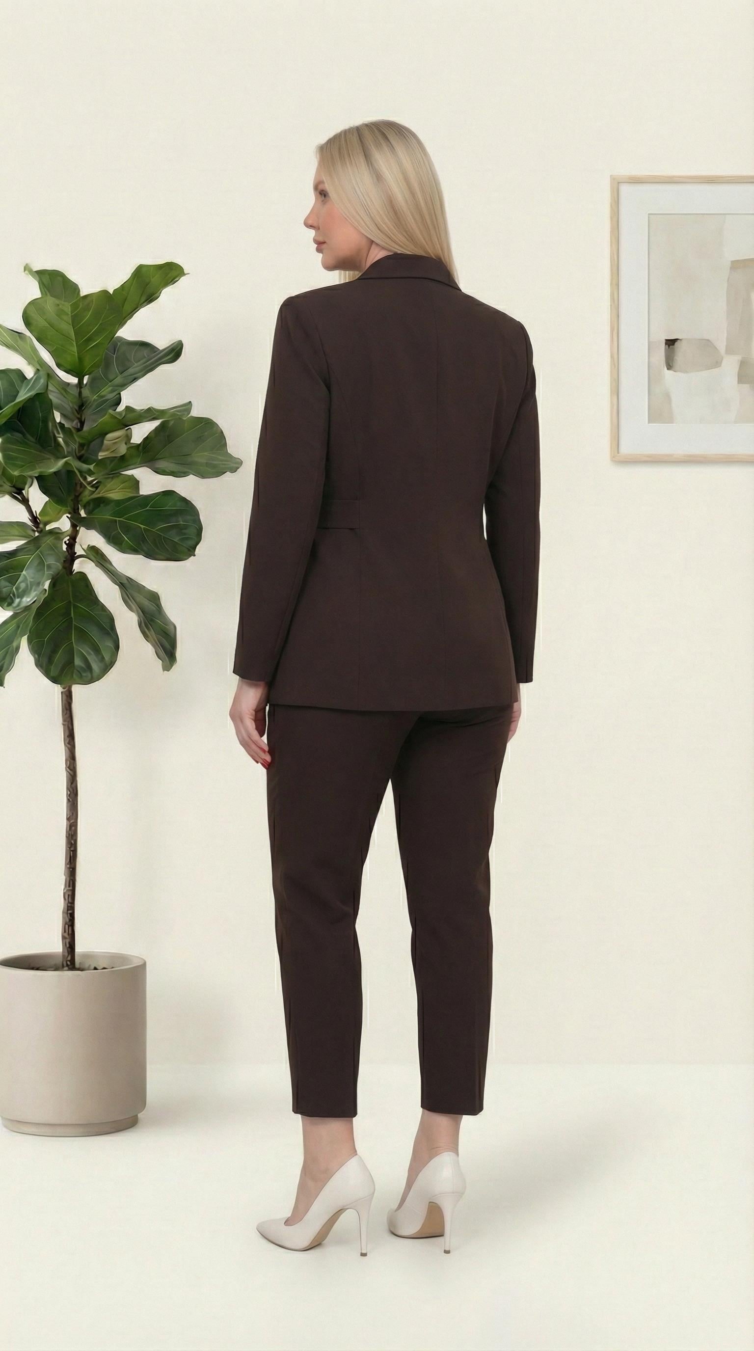 Kemar Detaylı Kahverengi Sade İkili Pantolonlu Takım