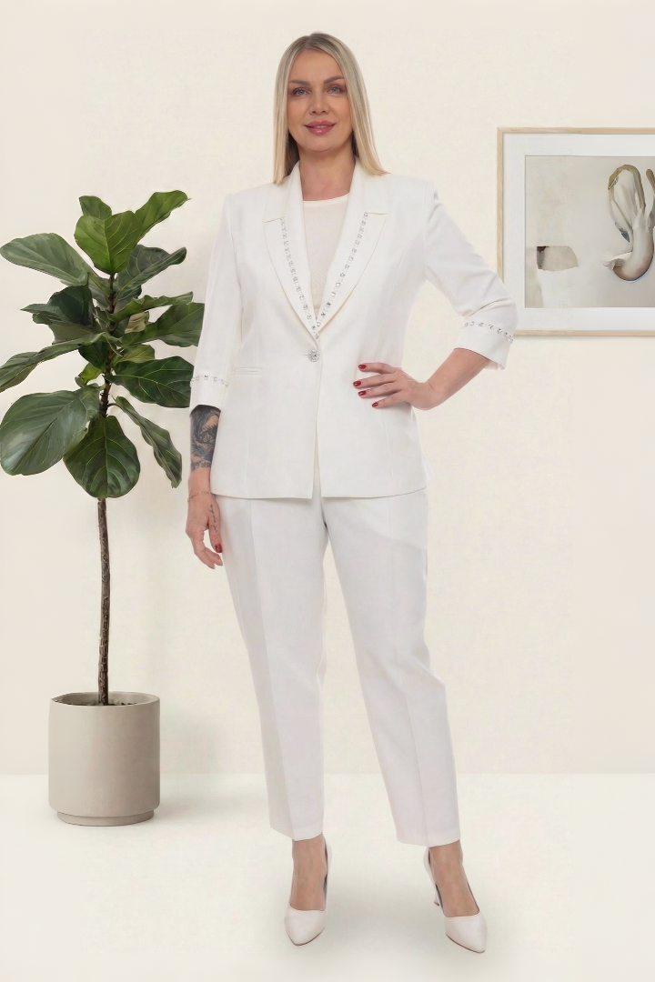 Şık Taş Detaylı Sade Zarif Beyaz Pantolonlu İkili Takım