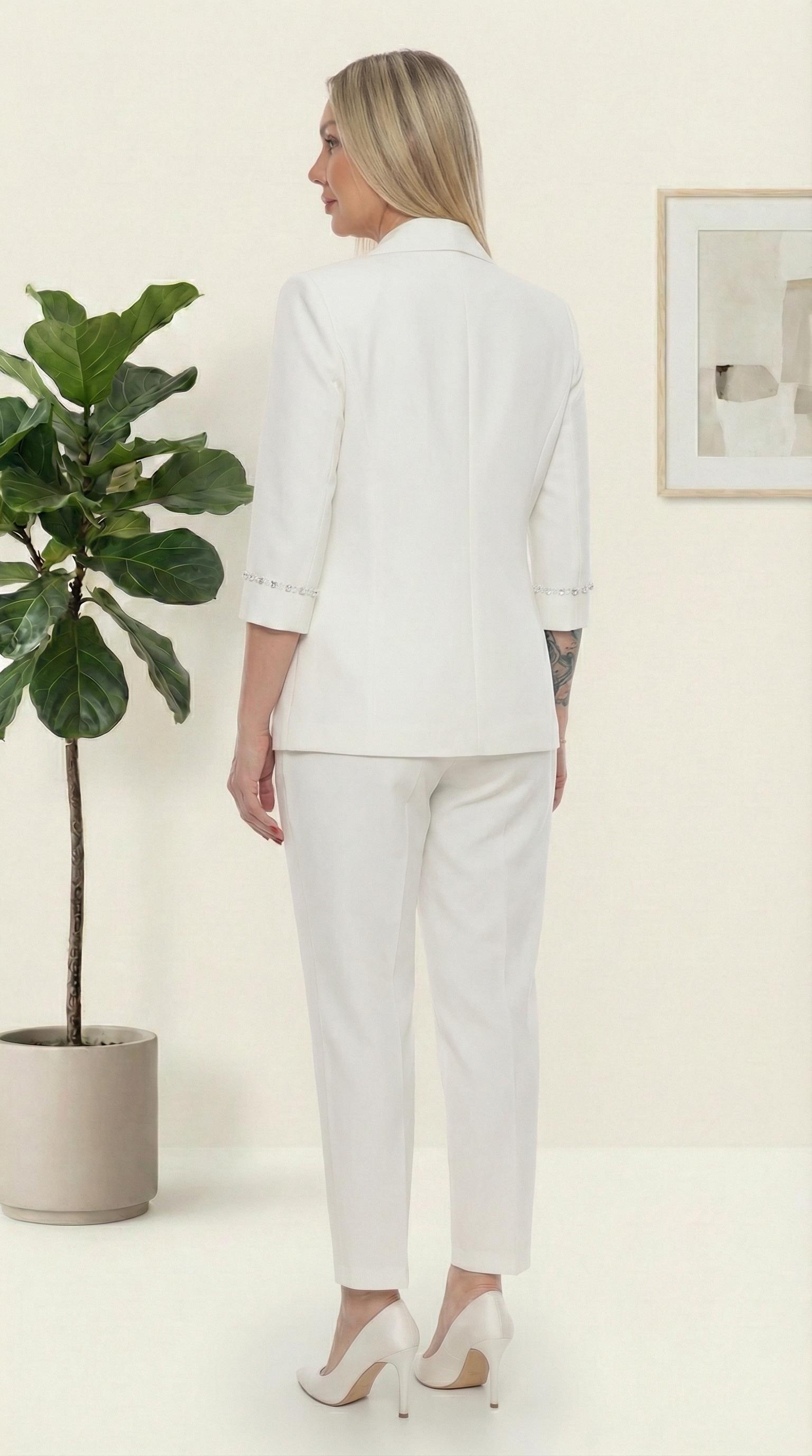 Şık Taş Detaylı Sade Zarif Beyaz Pantolonlu İkili Takım