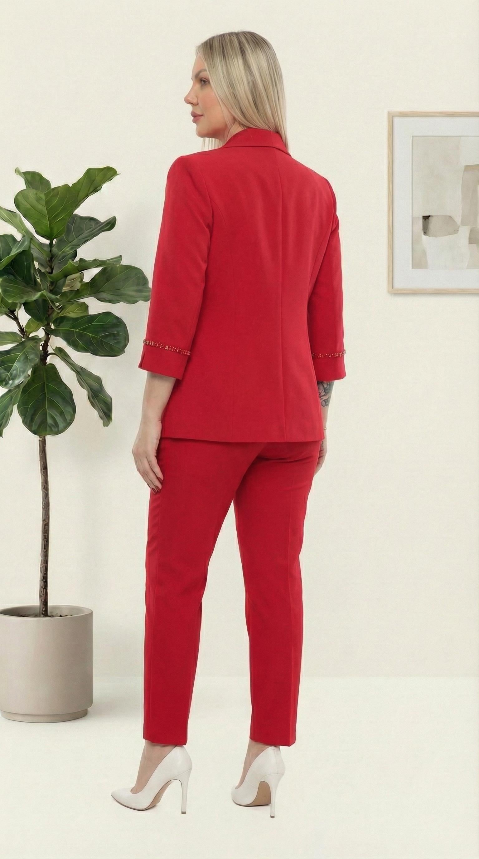 Şık Taş Detaylı Sade Zarif Kırmızı Pantolonlu İkili Takım
