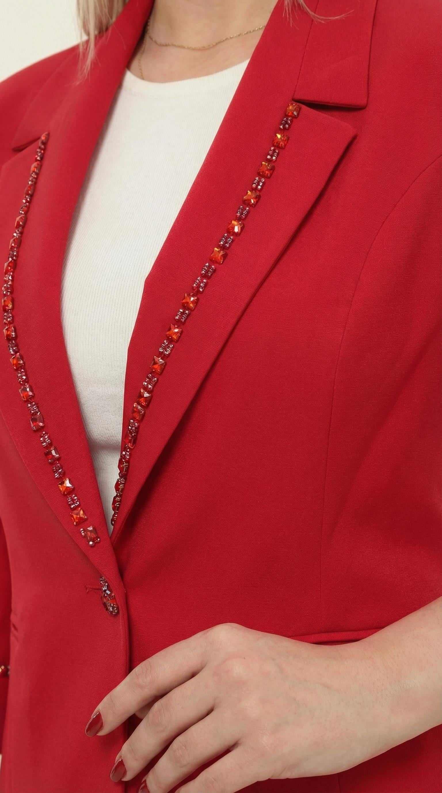 Şık Taş Detaylı Sade Zarif Kırmızı Pantolonlu İkili Takım