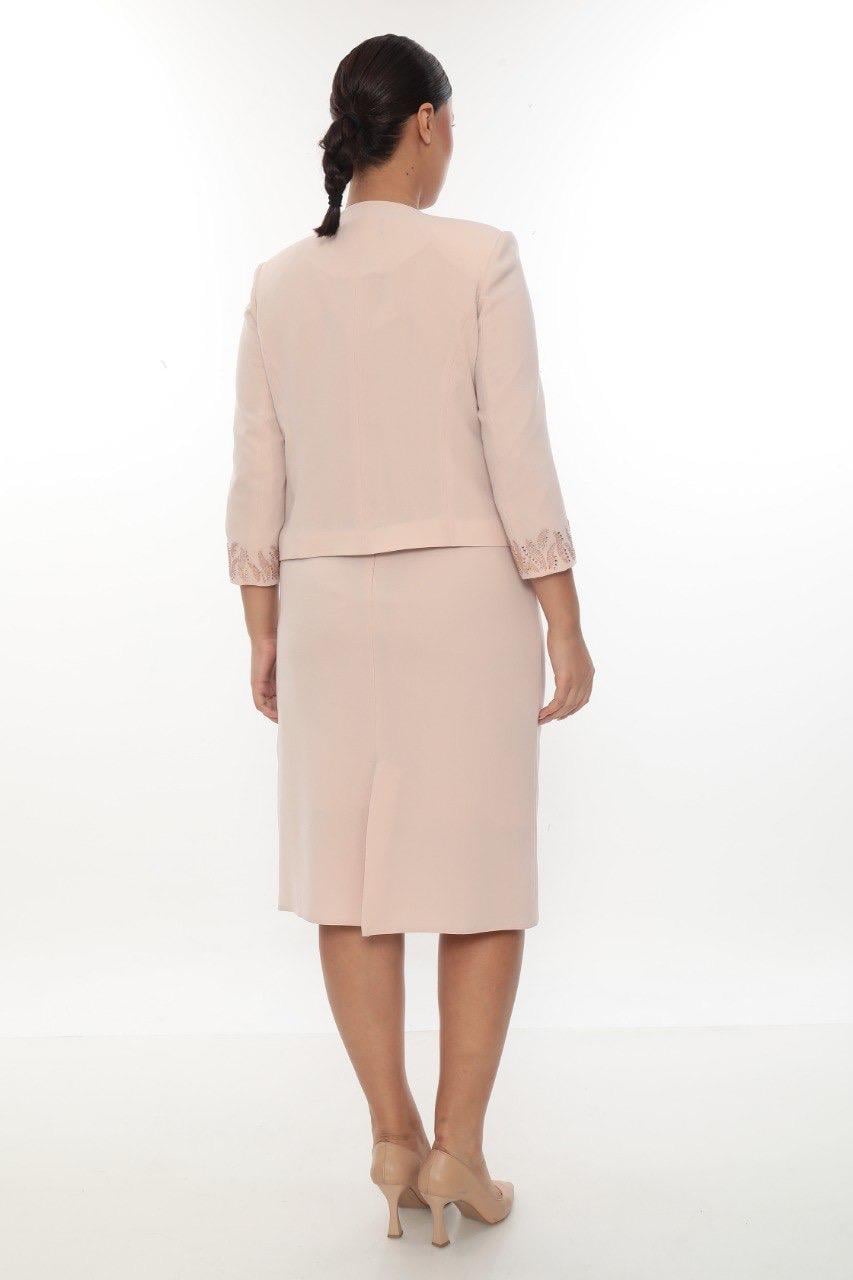 Ceketi Şık Taşlı Ve İşlemeli Pudra Kısa Etekli Üçlü Takım