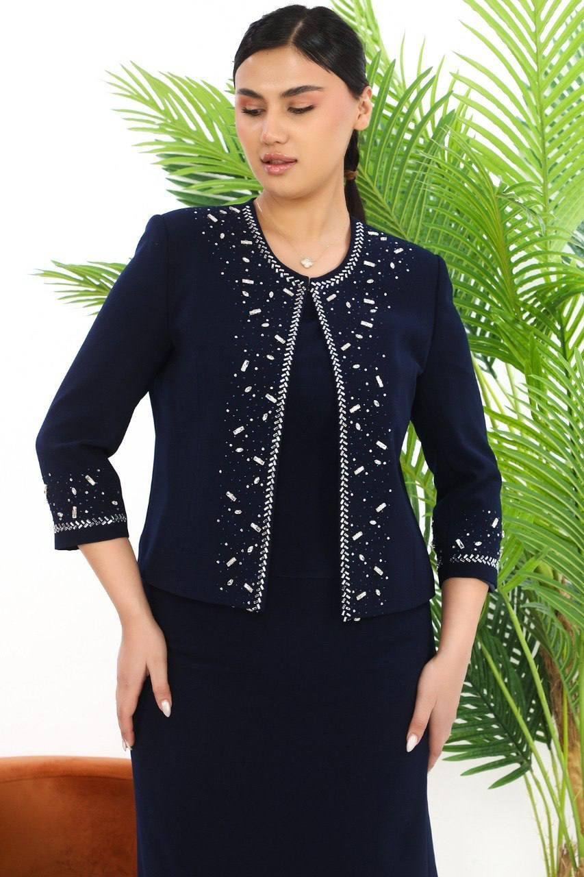 Ceketi Taşlı Lacivert Kısa Etekli Üçlü Takım