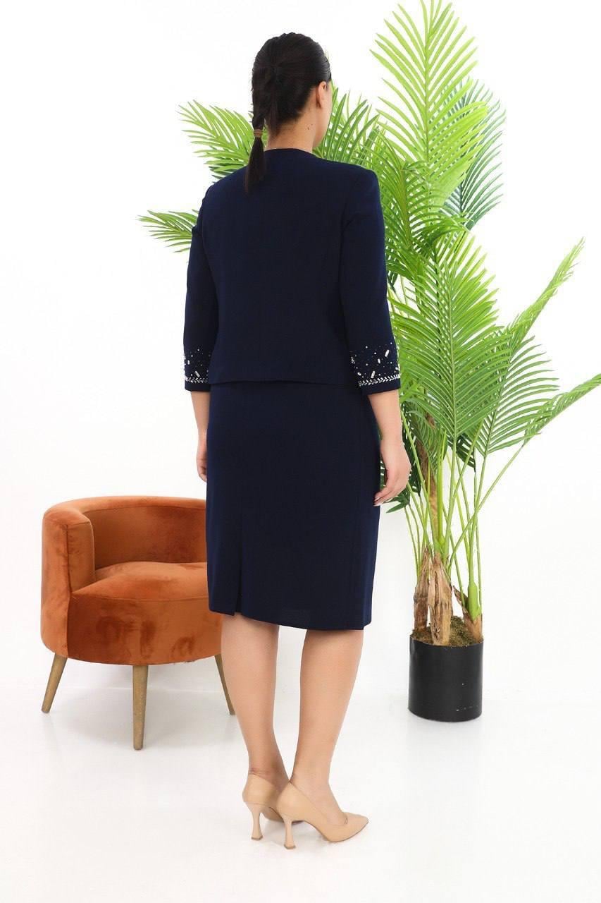 Ceketi Taşlı Lacivert Kısa Etekli Üçlü Takım