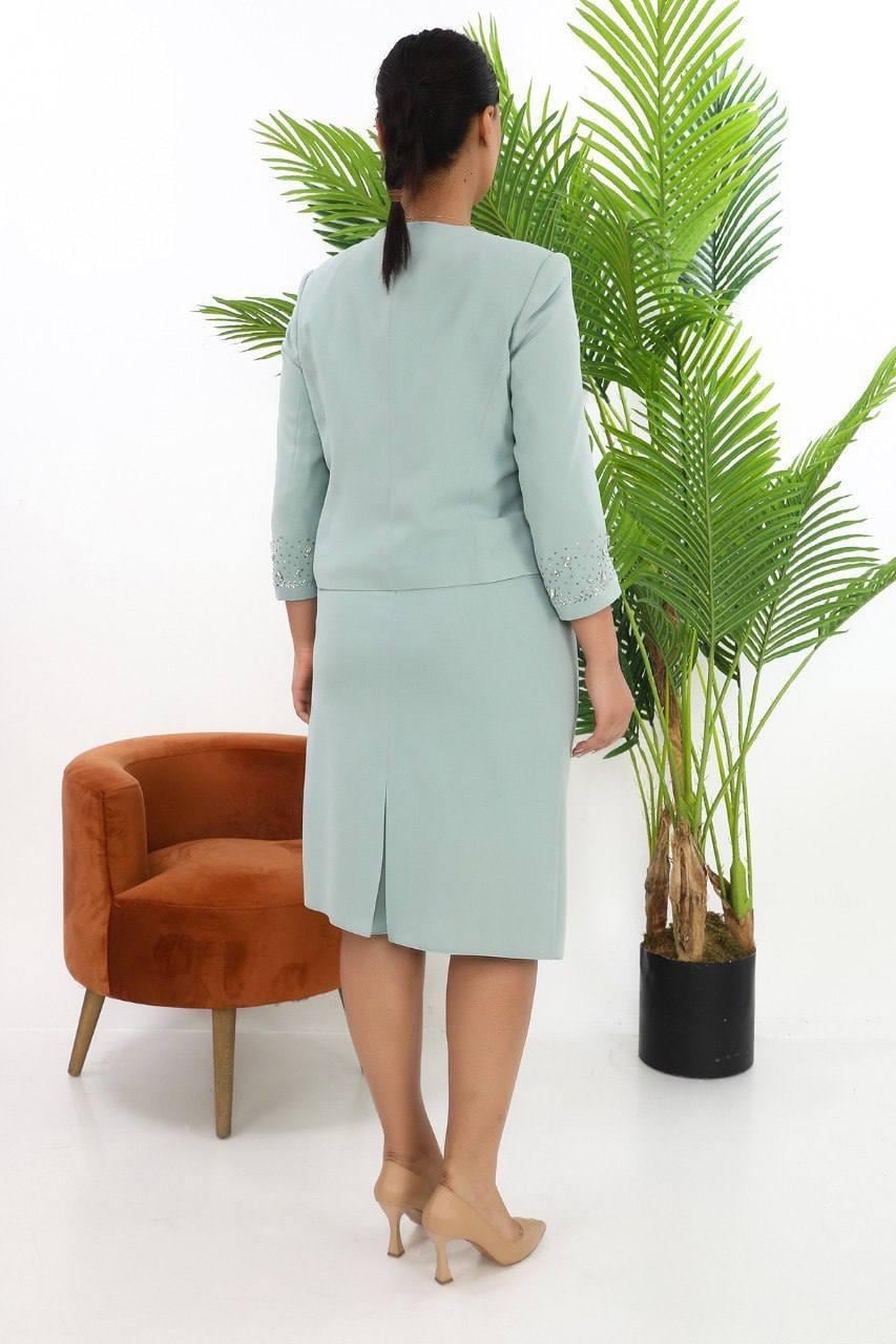 Ceketi Taşlı Mint Kısa Etekli Üçlü Takım