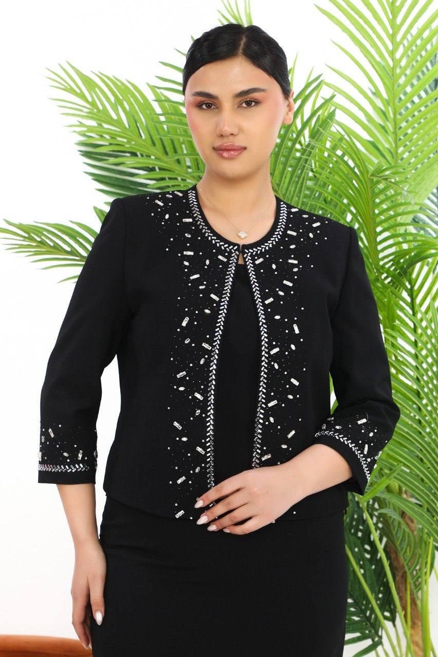 Ceketi Taşlı Siyah Kısa Etekli Üçlü Takım