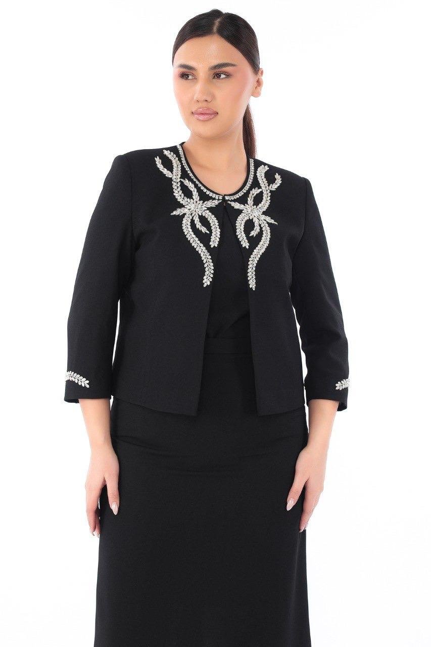 Ceketi Zarif Taşlı Siyah Kısa Etekli Üçlü Takım