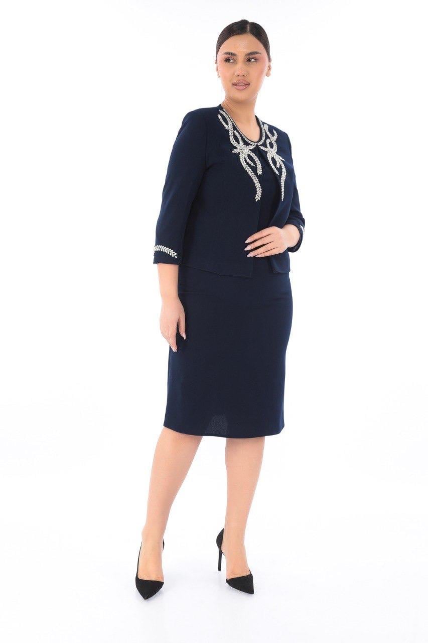 Ceketi Zarif Taşlı Lacivert Kısa Etekli Üçlü Takım