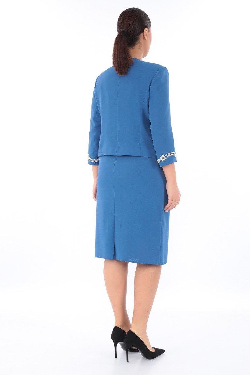 Ceketi Zarif Taşlı Mavi Kısa Etekli Üçlü Takım