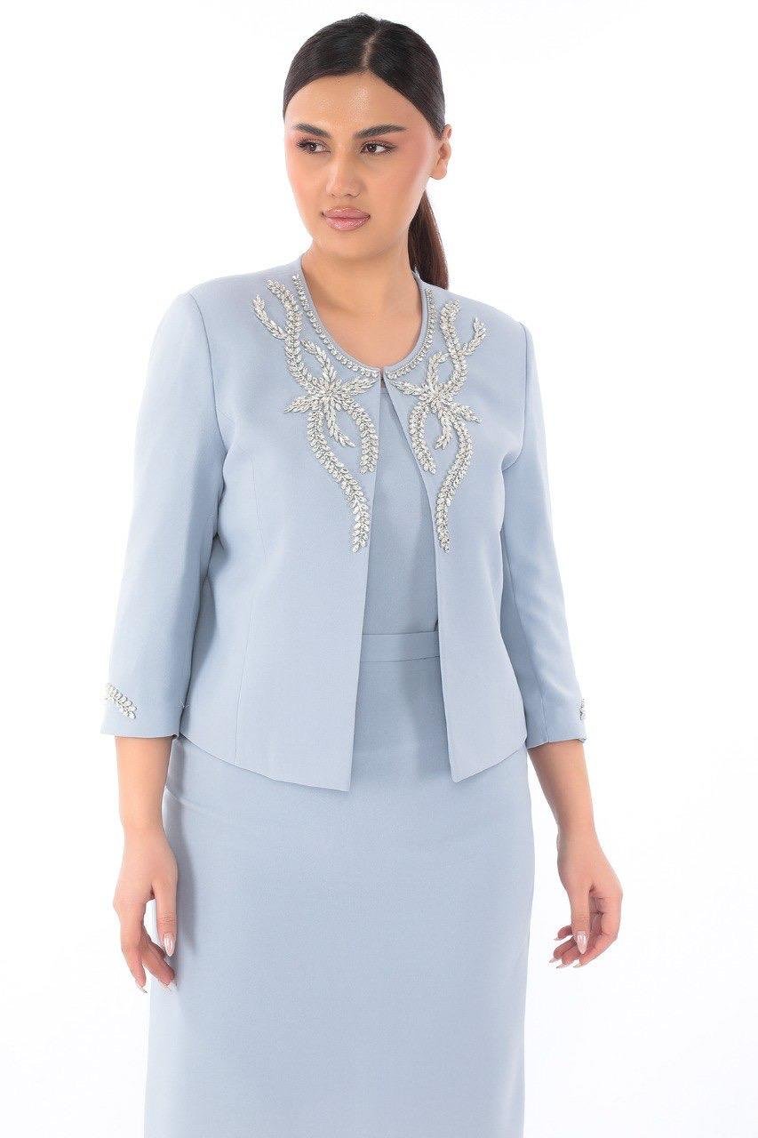 Ceketi Zarif Taşlı Su Mavisi Kısa Etekli Üçlü Takım