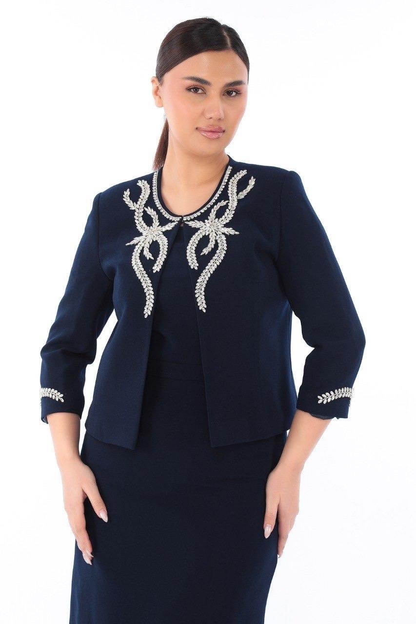 Ceketi Zarif Taşlı Lacivert Kısa Etekli Üçlü Takım