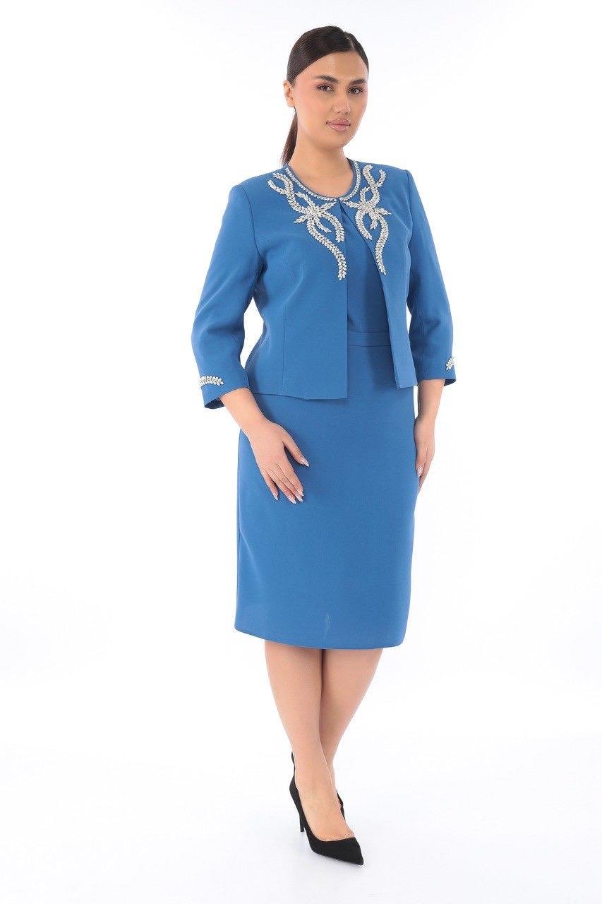 Ceketi Zarif Taşlı Mavi Kısa Etekli Üçlü Takım