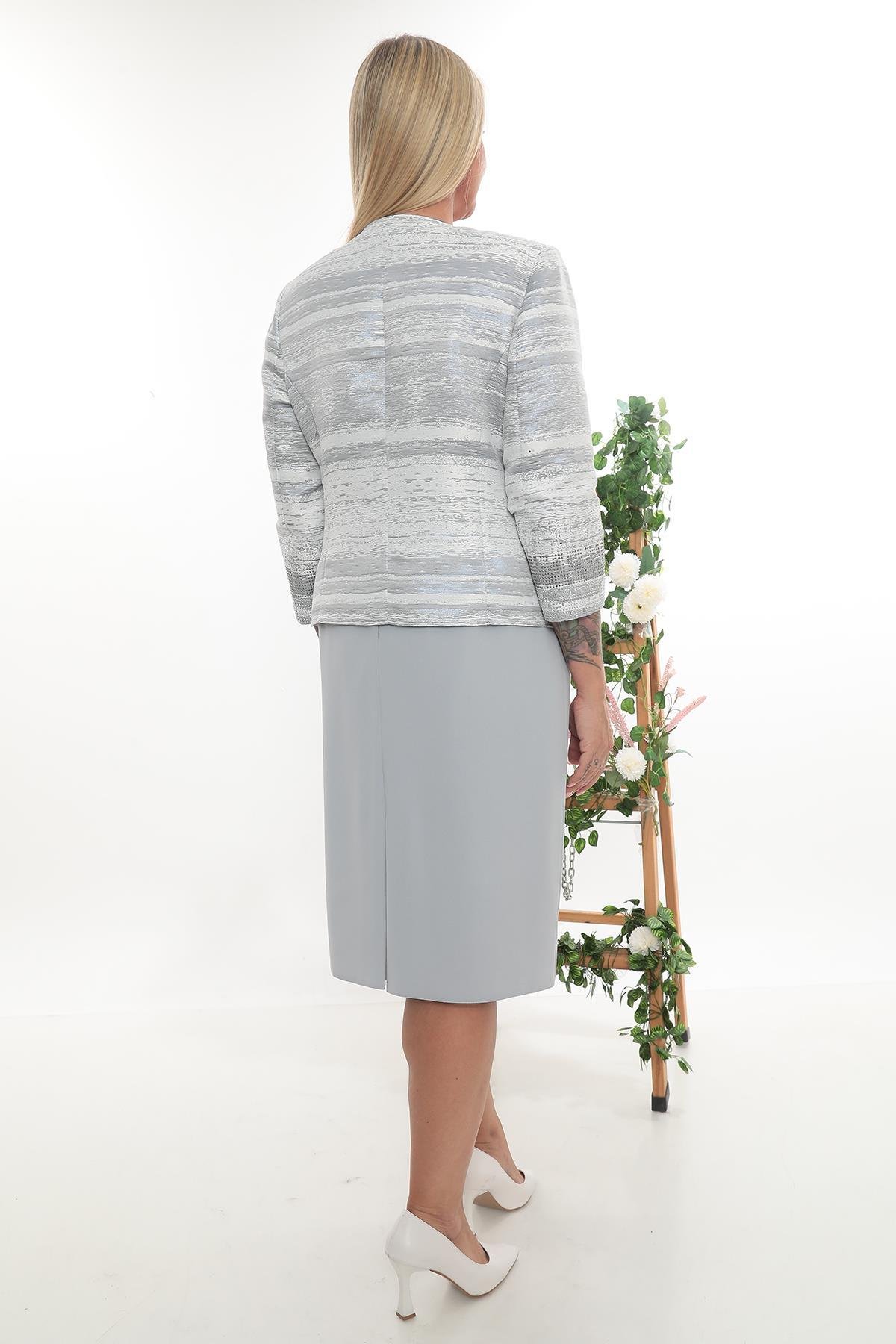 Gri Simli Taş İşlemeli Astarlı Kısa Etekli Üçlü Takım