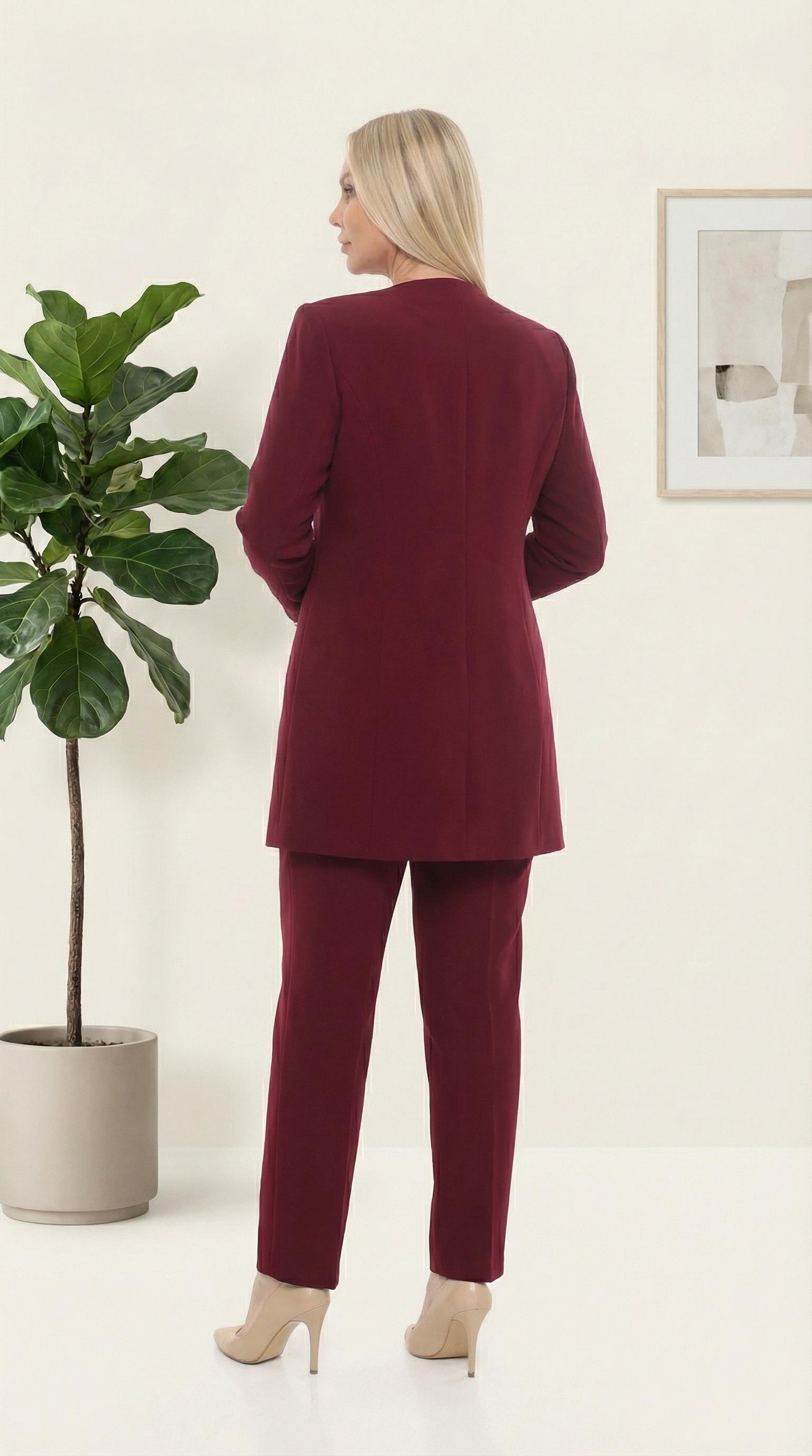 Ceket Önü Zarif Taş İşlemeli Bordo Üçlü Pantolonlu Takım