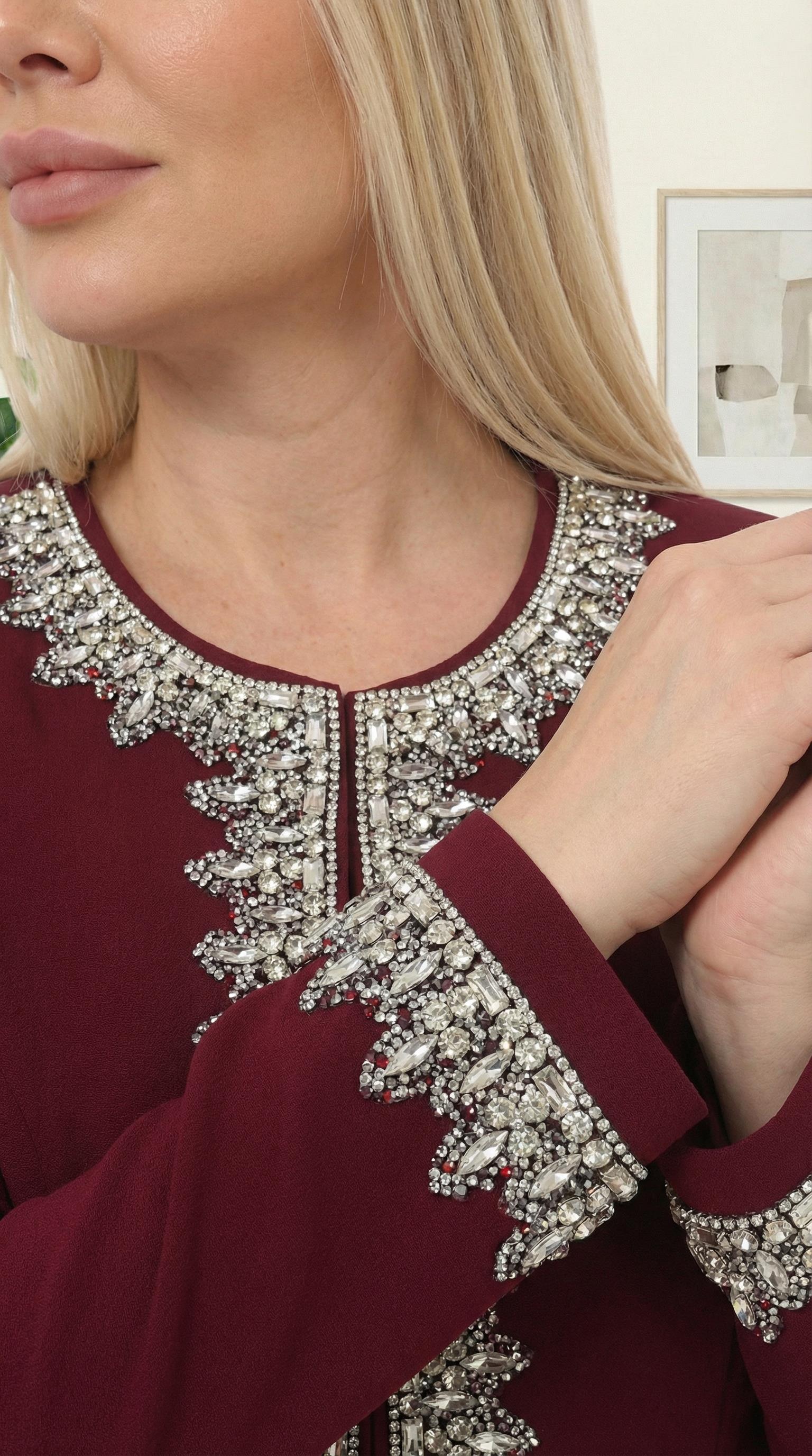 Ceket Önü Zarif Taş İşlemeli Bordo Üçlü Pantolonlu Takım