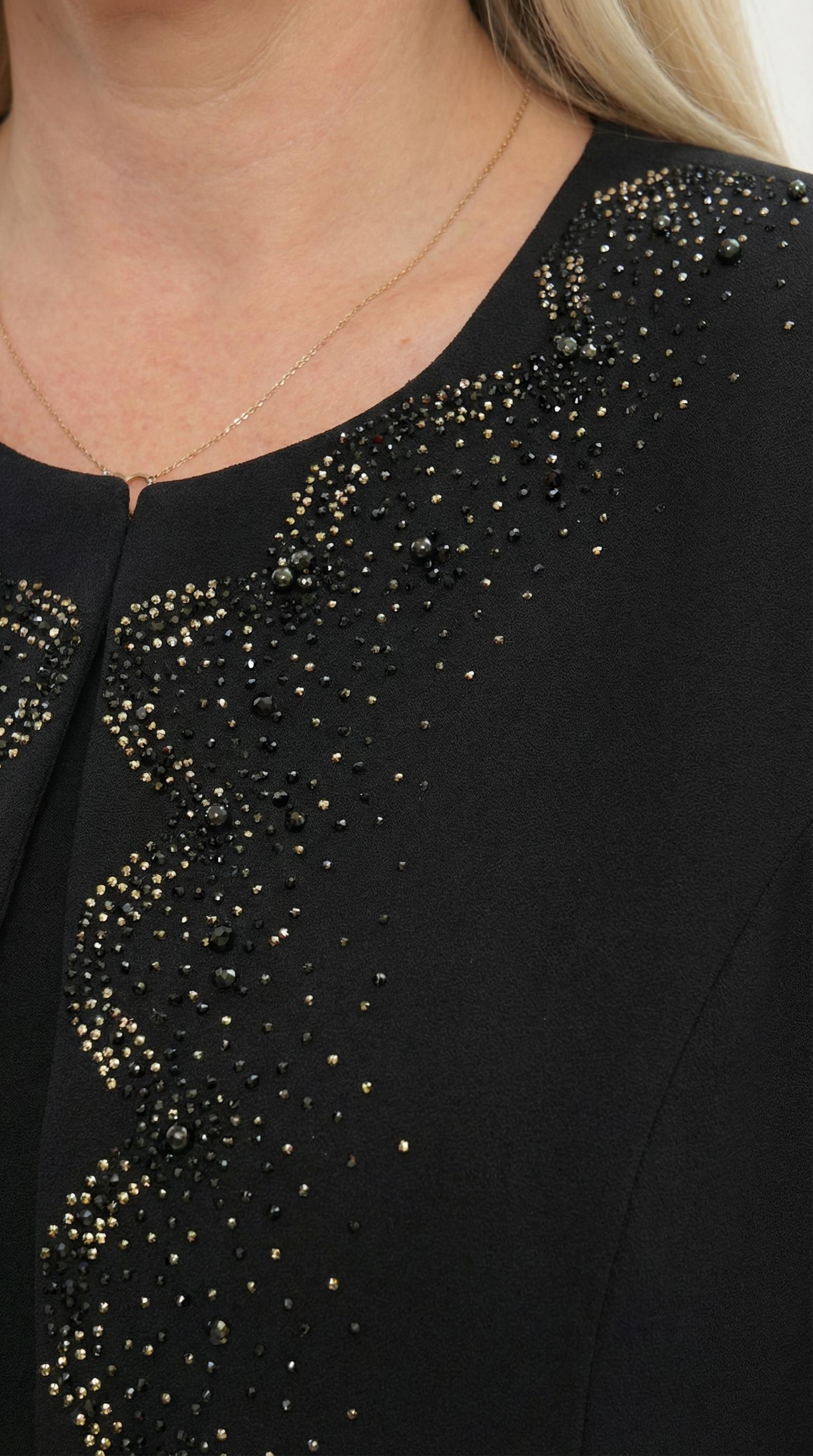 Ceketi Taş İşlemeli Astarlı Şık Siyah Üçlü Pantolonlu Takım