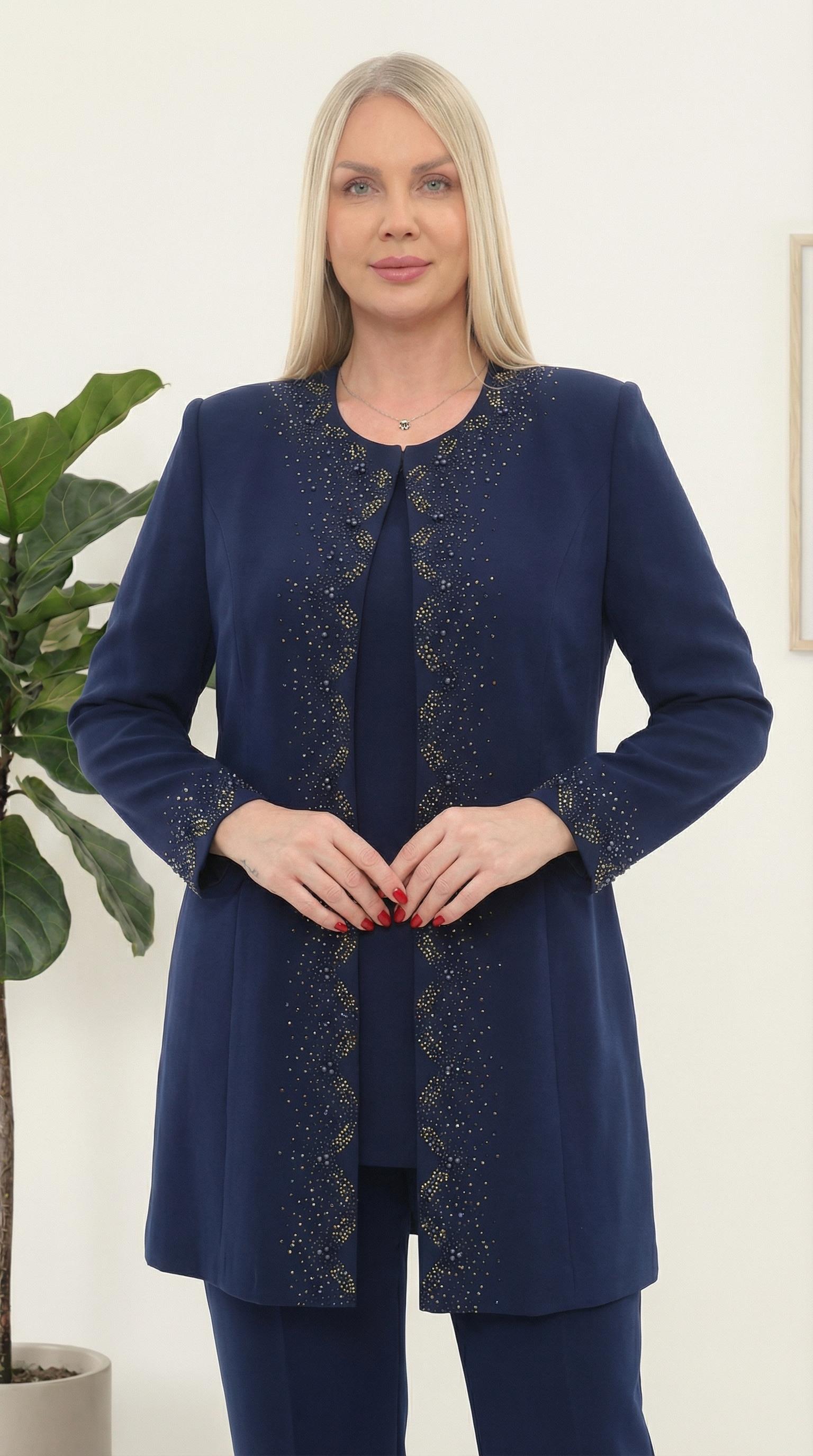 Ceketi Taş İşlemeli Astarlı Şık Lacivert Üçlü Pantolonlu Takım