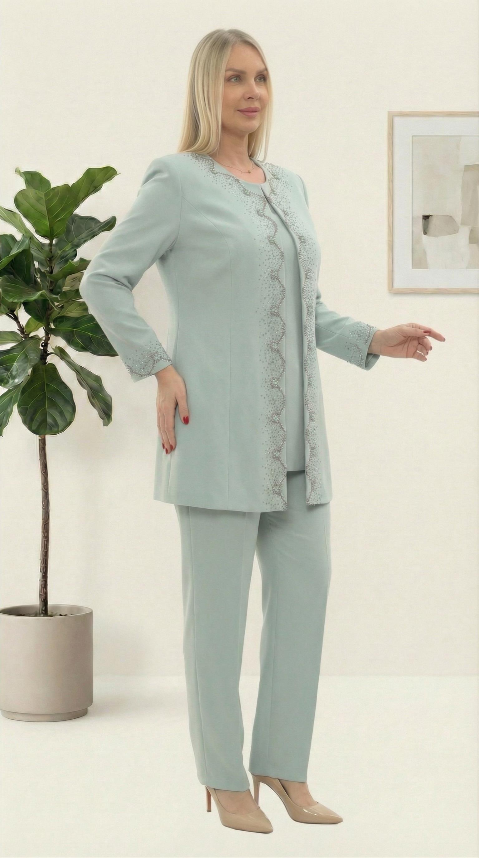 Ceketi Taş İşlemeli Astarlı Şık Mint Üçlü Pantolonlu Takım