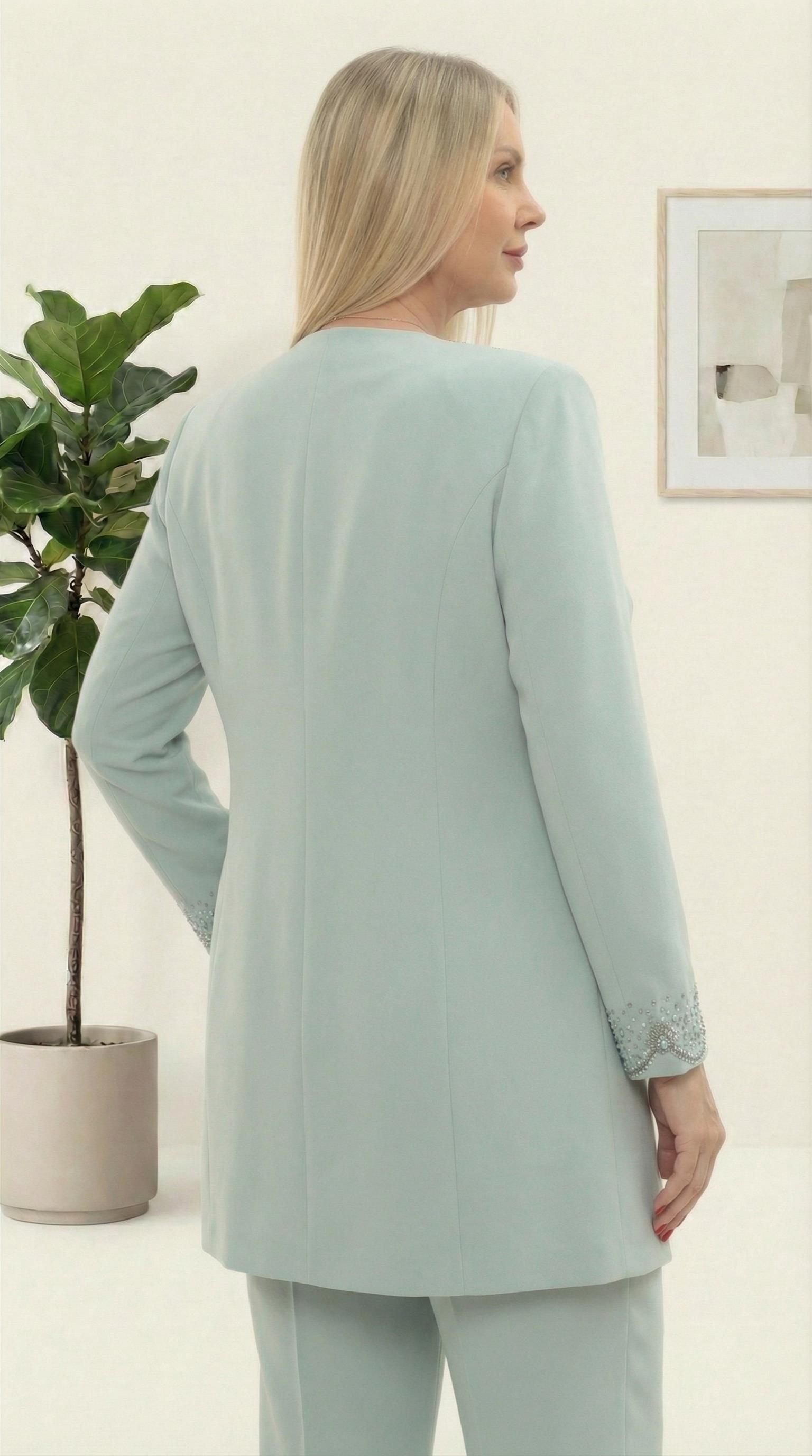 Ceketi Taş İşlemeli Astarlı Şık Mint Üçlü Pantolonlu Takım