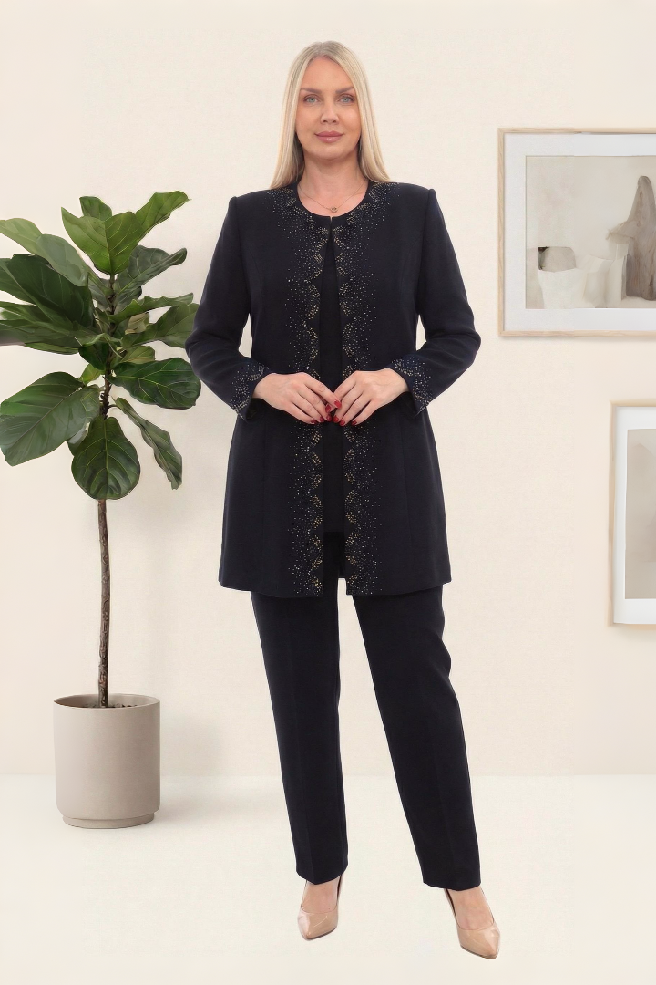 Ceketi Taş İşlemeli Astarlı Şık Siyah Üçlü Pantolonlu Takım