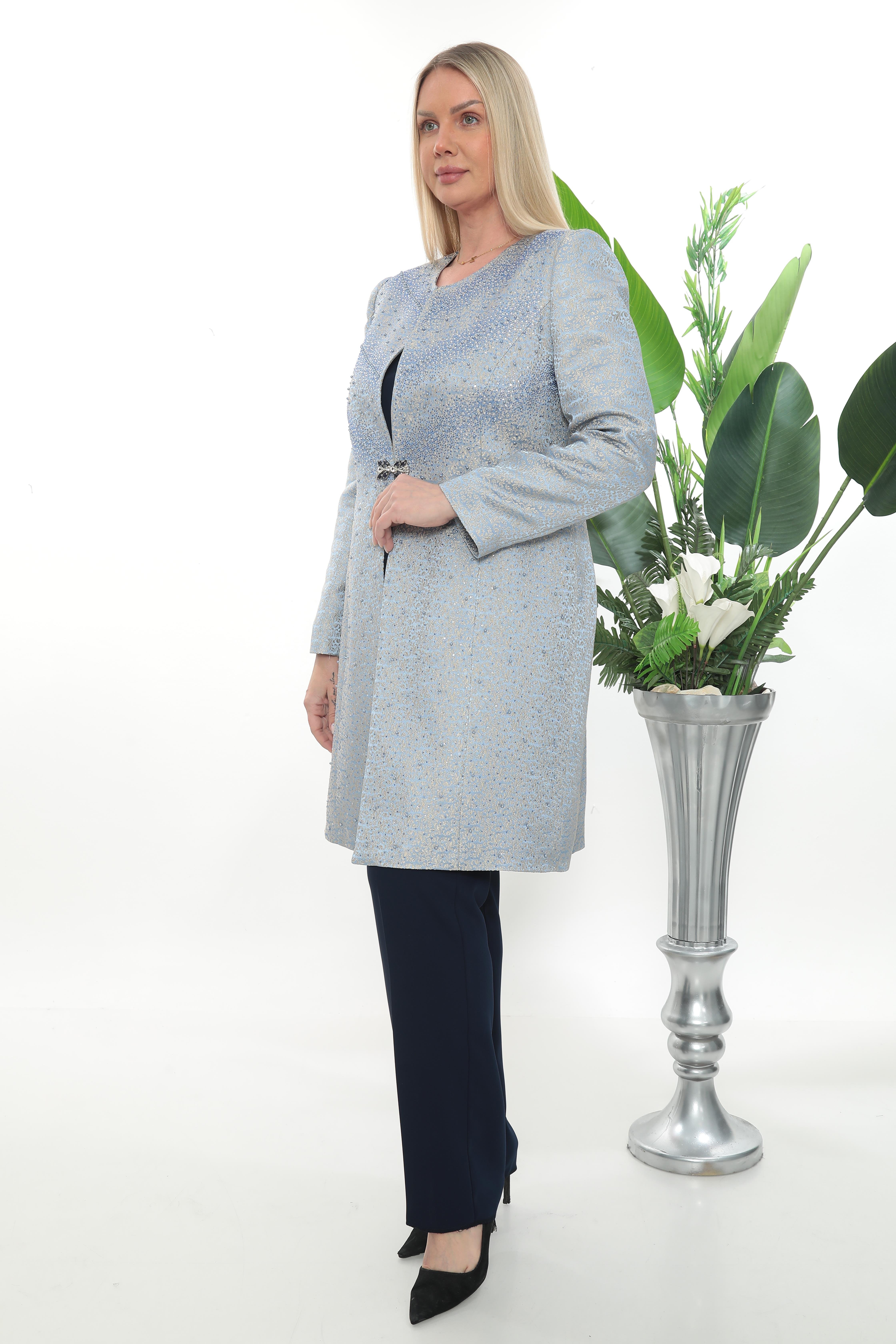 Ceketi Taş İşleme Detaylı Jakar Dokumalı Lacivert Üçlü Pantolonlu Takım