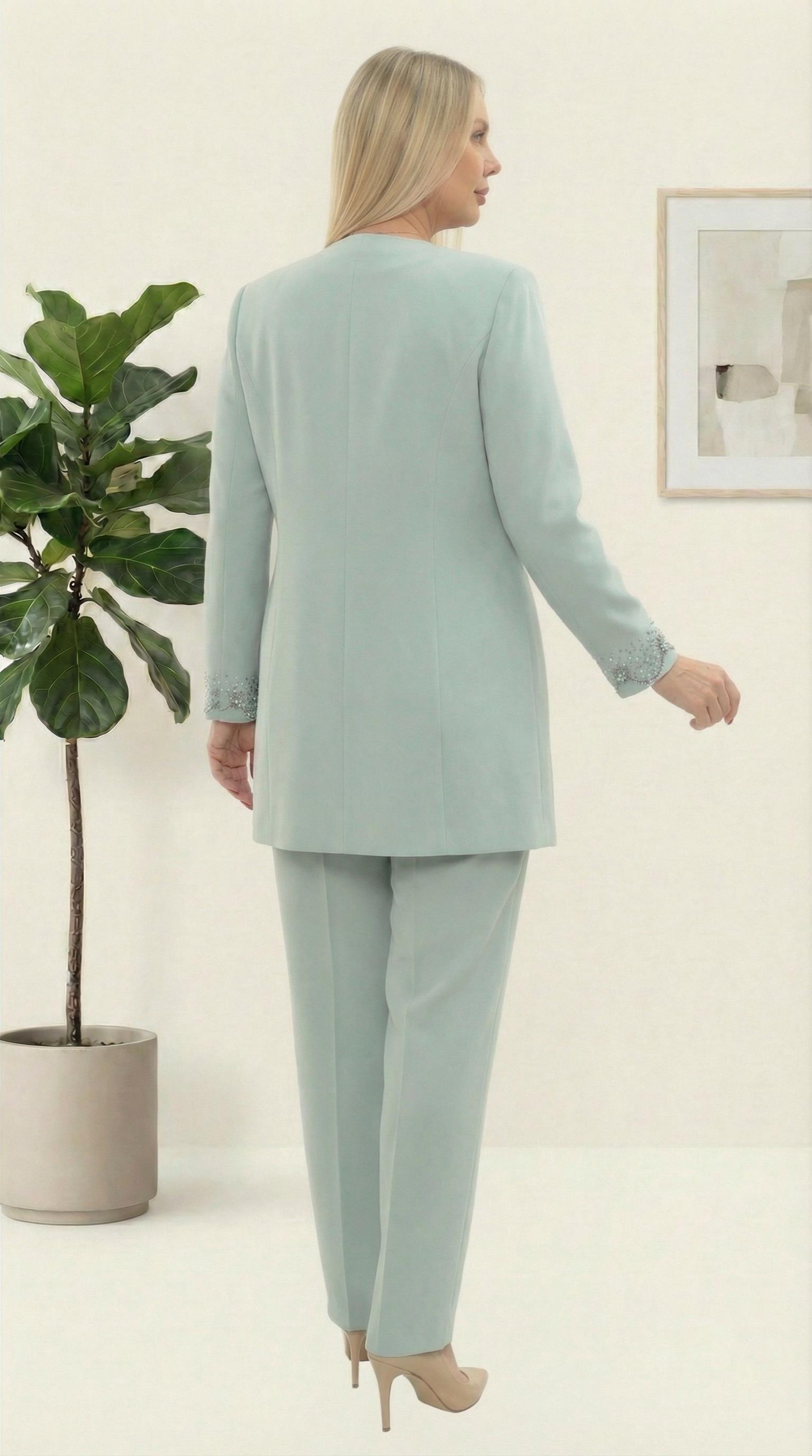 Ceketi Taş İşlemeli Astarlı Şık Mint Üçlü Pantolonlu Takım