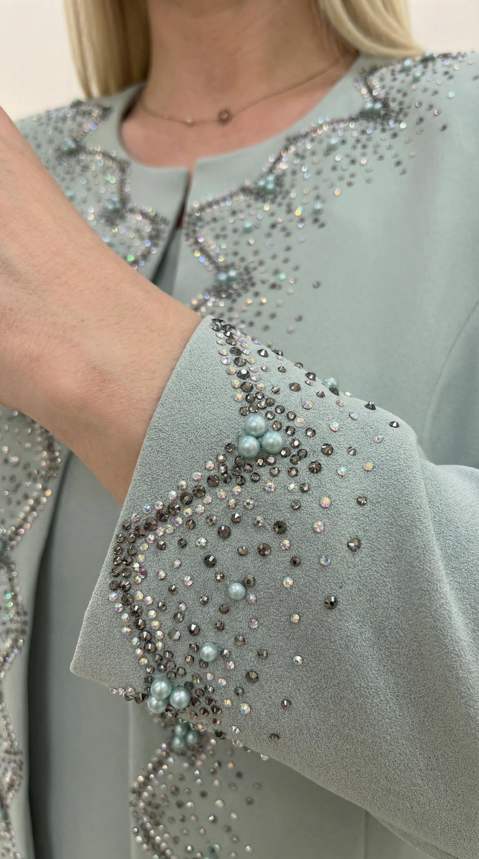 Ceketi Taş İşlemeli Astarlı Şık Mint Üçlü Pantolonlu Takım